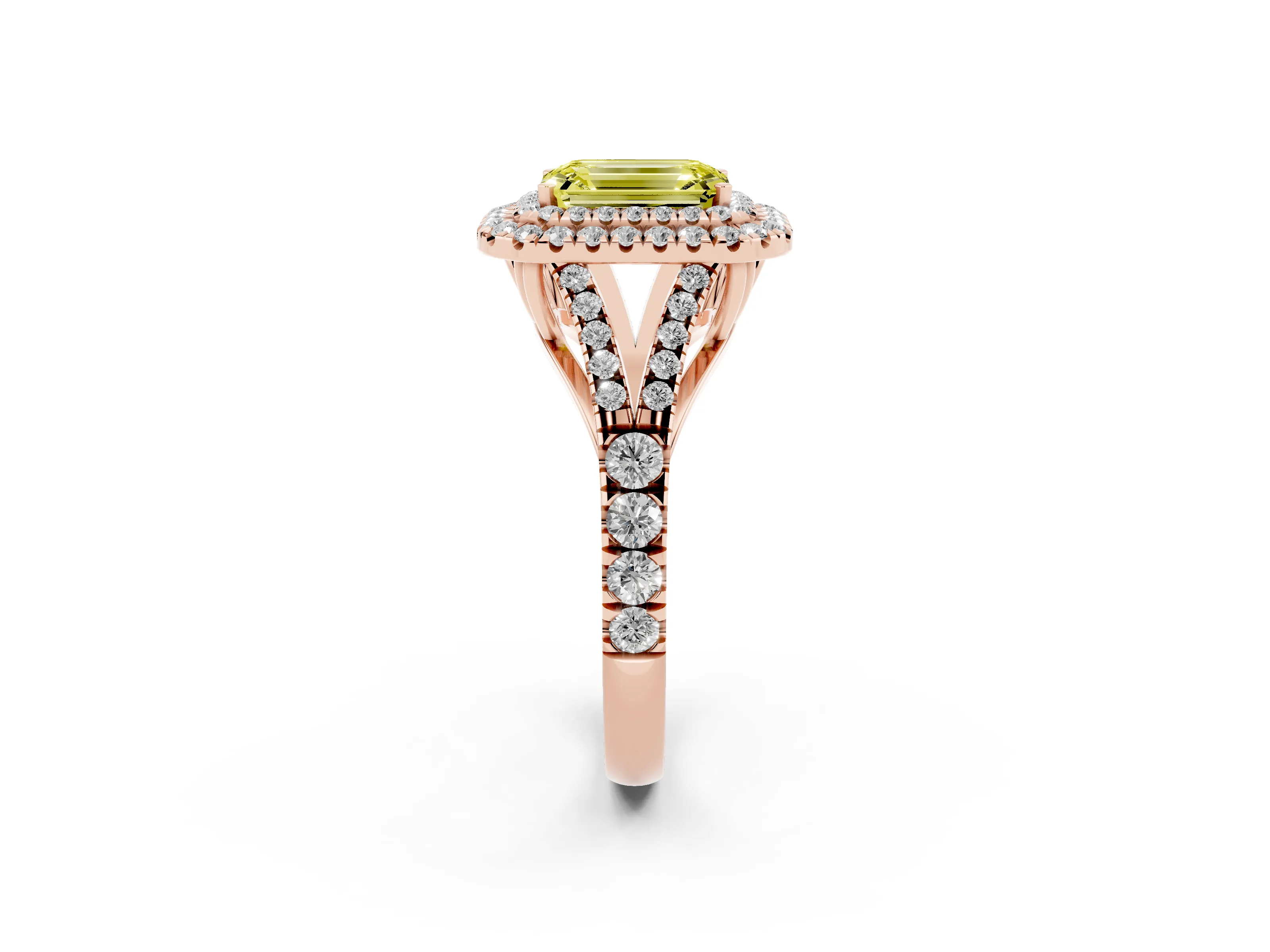 Fancy Yellow Emerald Cut Diamond Pavé Split Shank Double Halo Engagement Ring Set in Rose gold