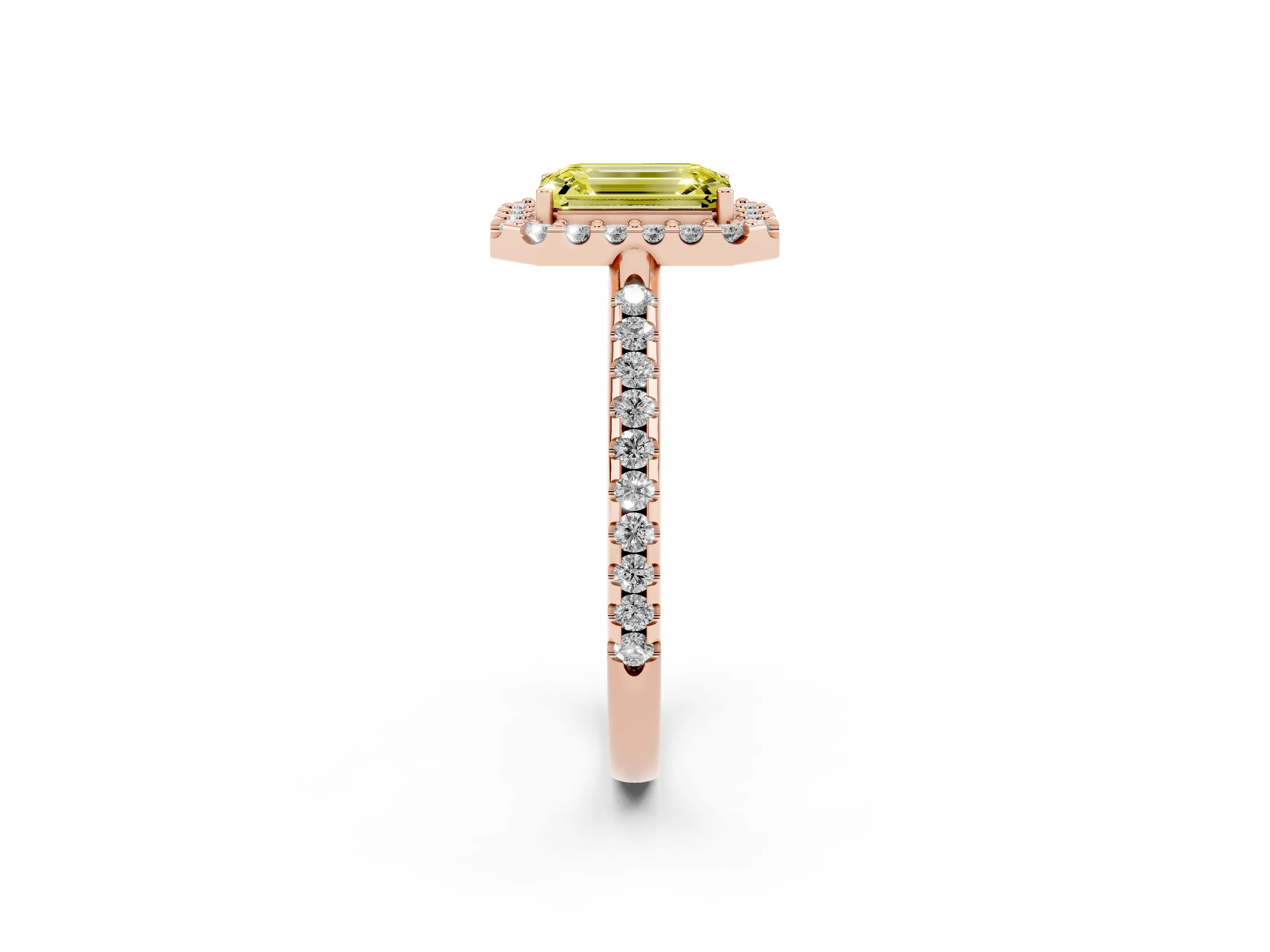 Fancy Yellow Emerald Cut Diamond Pavé Halo Ring Set in Rose gold with Prong Setting