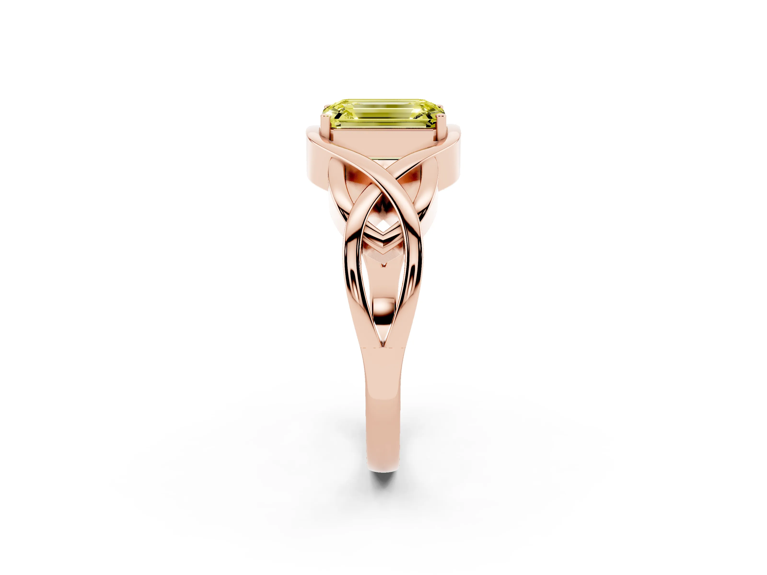 Fancy Yellow Emerald Cut Diamond Solitaire Ring Set in Rose gold with Intertwined Band