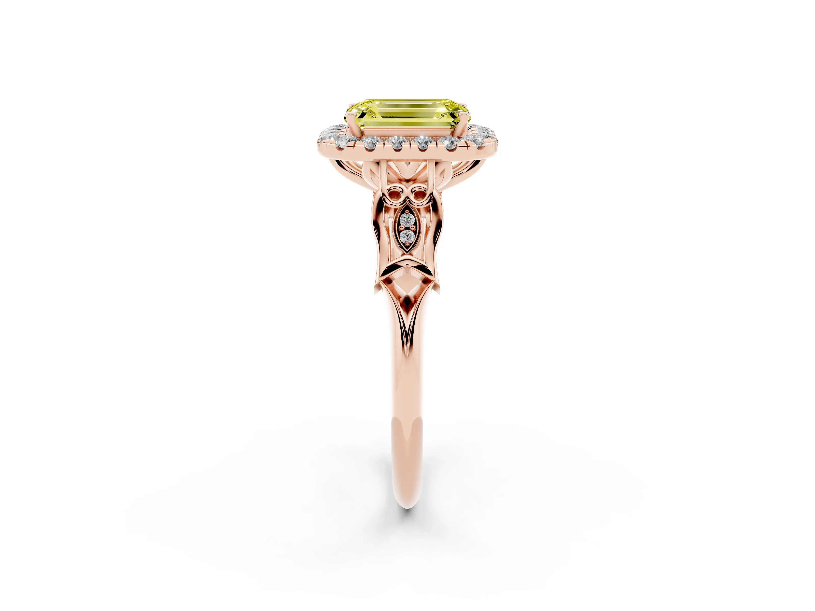 Fancy Yellow Emerald Cut Diamond Halo Engagement Ring Set in Rose gold with Filigree Band and Prong-Set Center