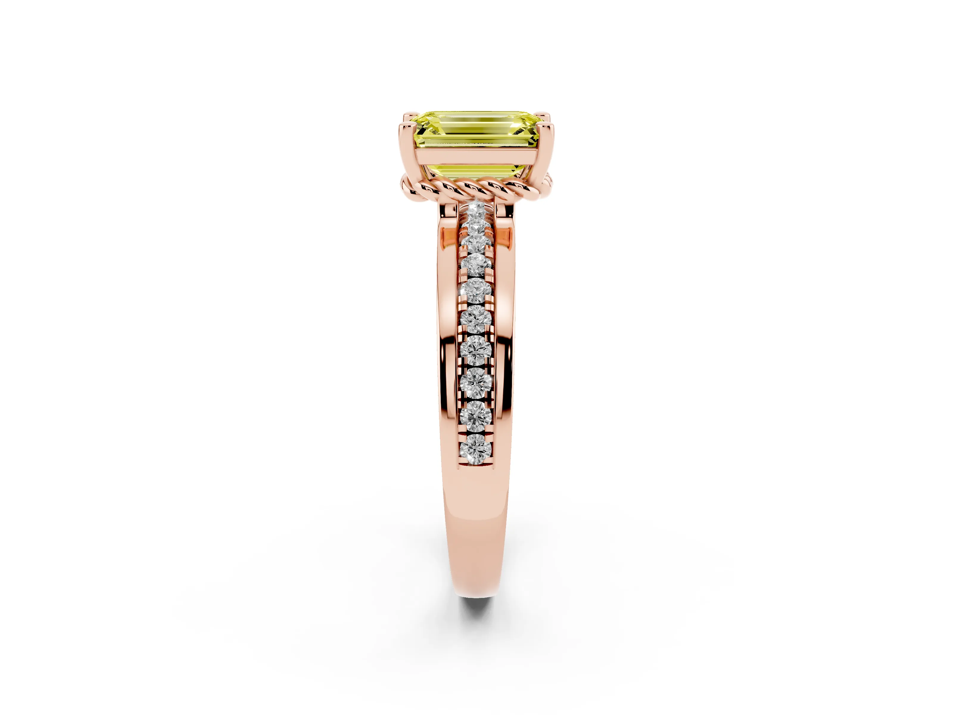Fancy Yellow Emerald Cut Diamond Solitaire Ring Set in Rose gold with Channel Set Band and Prong Setting