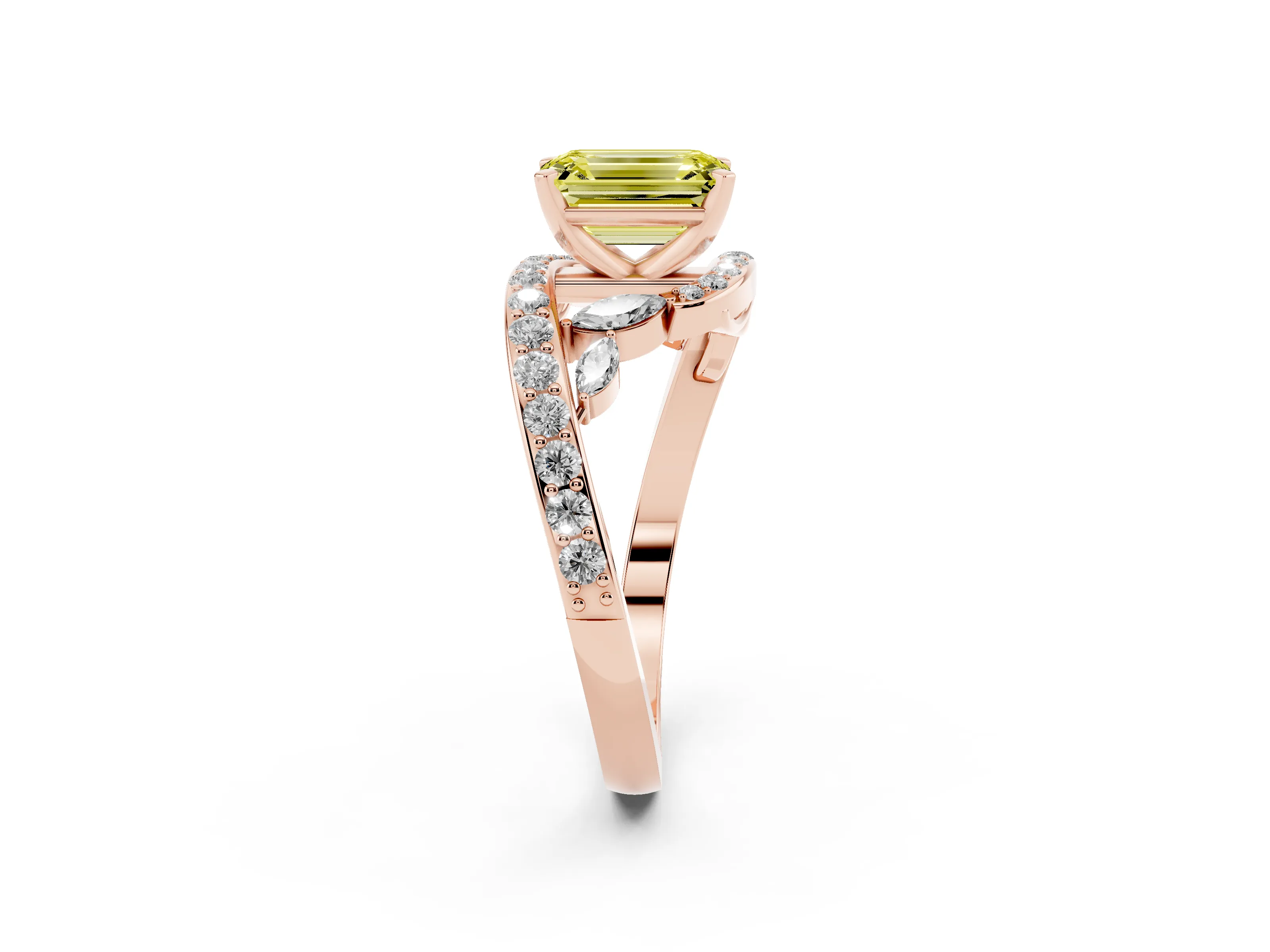 Fancy Yellow Emerald Cut Diamond Solitaire Ring Set in Rose gold with Pavé Twist Band and Secure Prong Setting