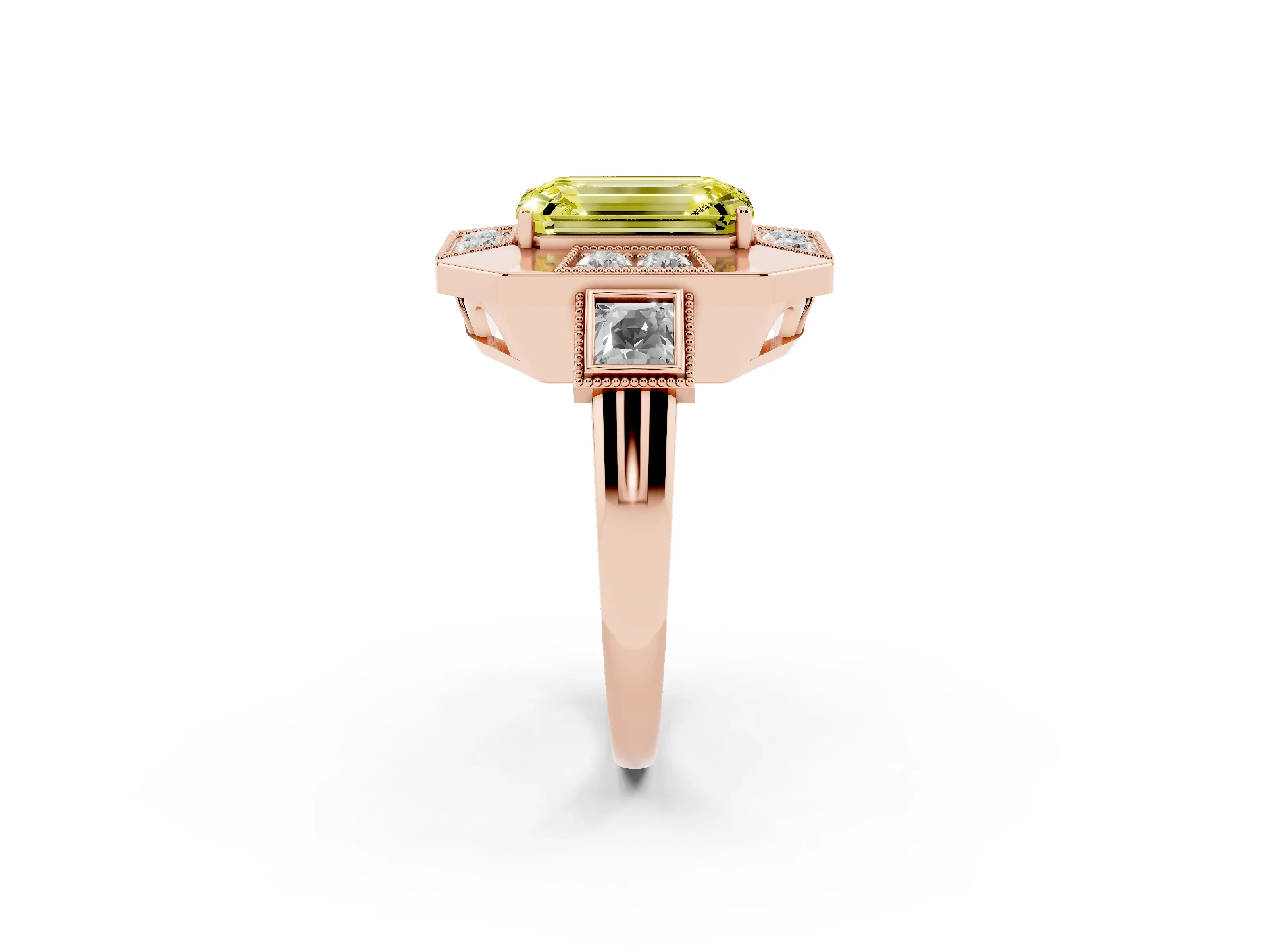 Fancy Yellow Emerald Cut Diamond Milgrain Halo Ring Set in Rose gold with Split Shank