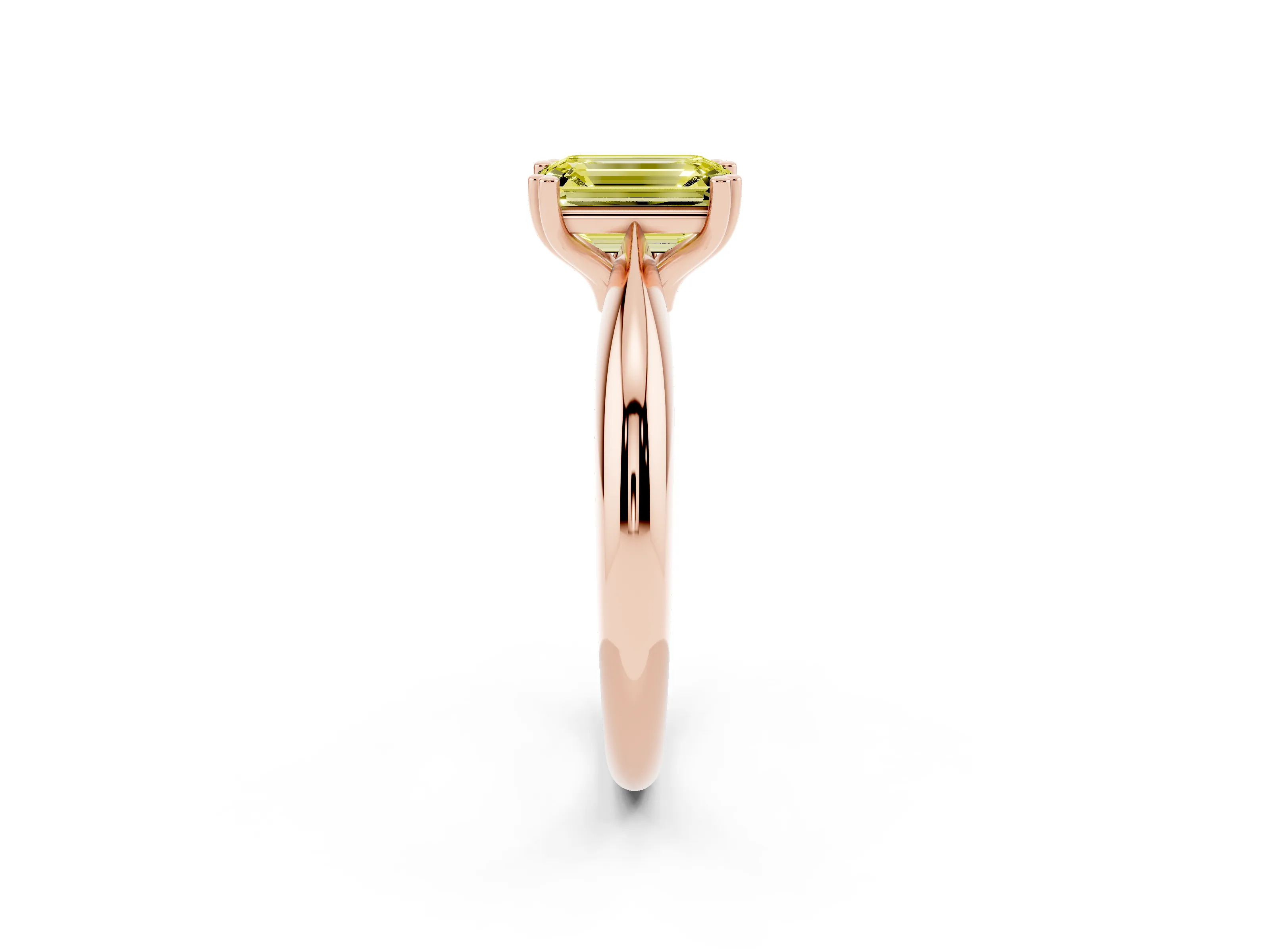 Fancy Yellow Emerald Cut Diamond Solitaire Engagement Ring Set in Rose gold with Tapered Band and Prong Setting