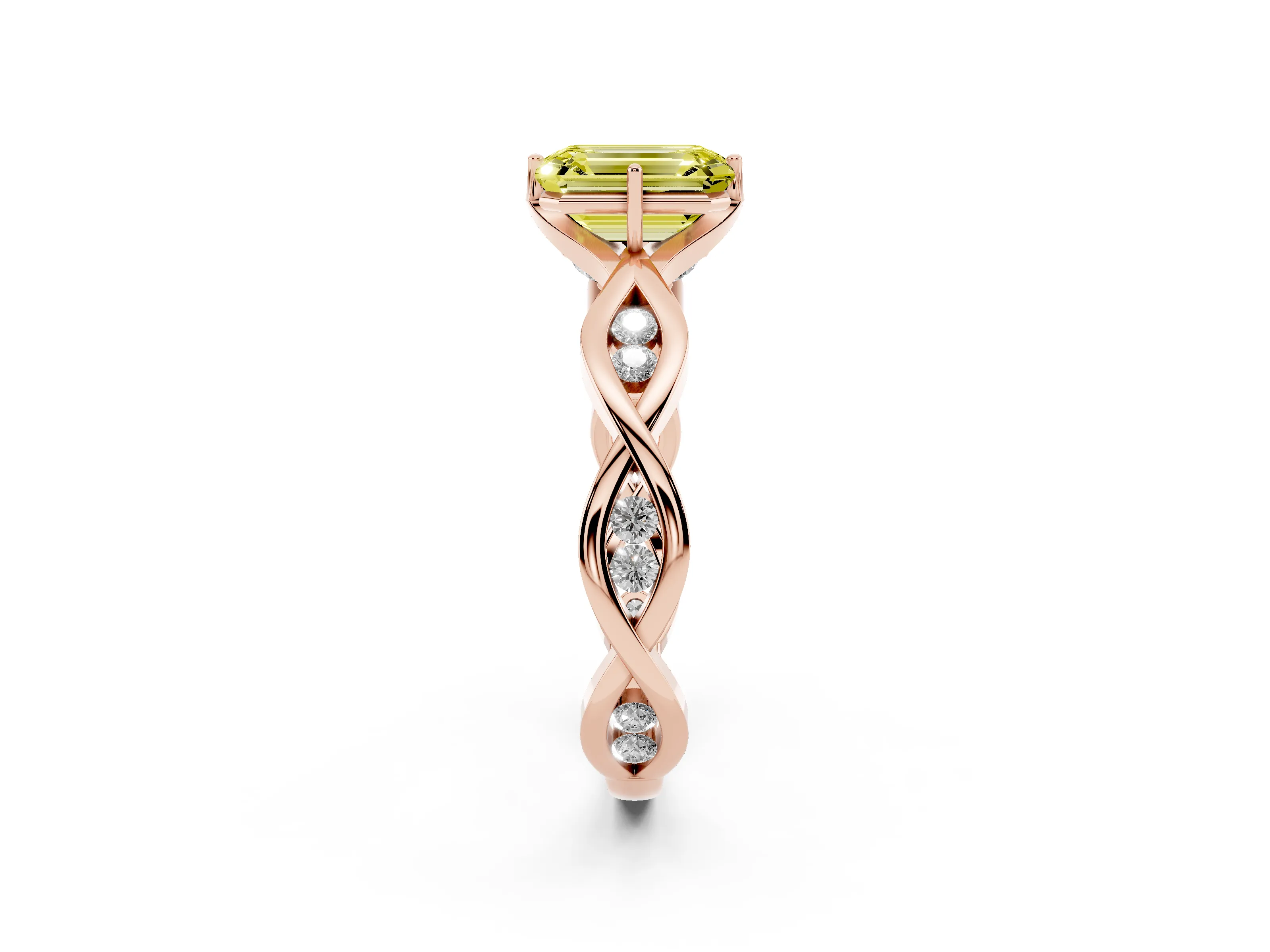 Fancy Yellow Emerald Cut Diamond Twist Band Solitaire Ring Set in Rose gold with Leaf Prong Setting and Accent Stones