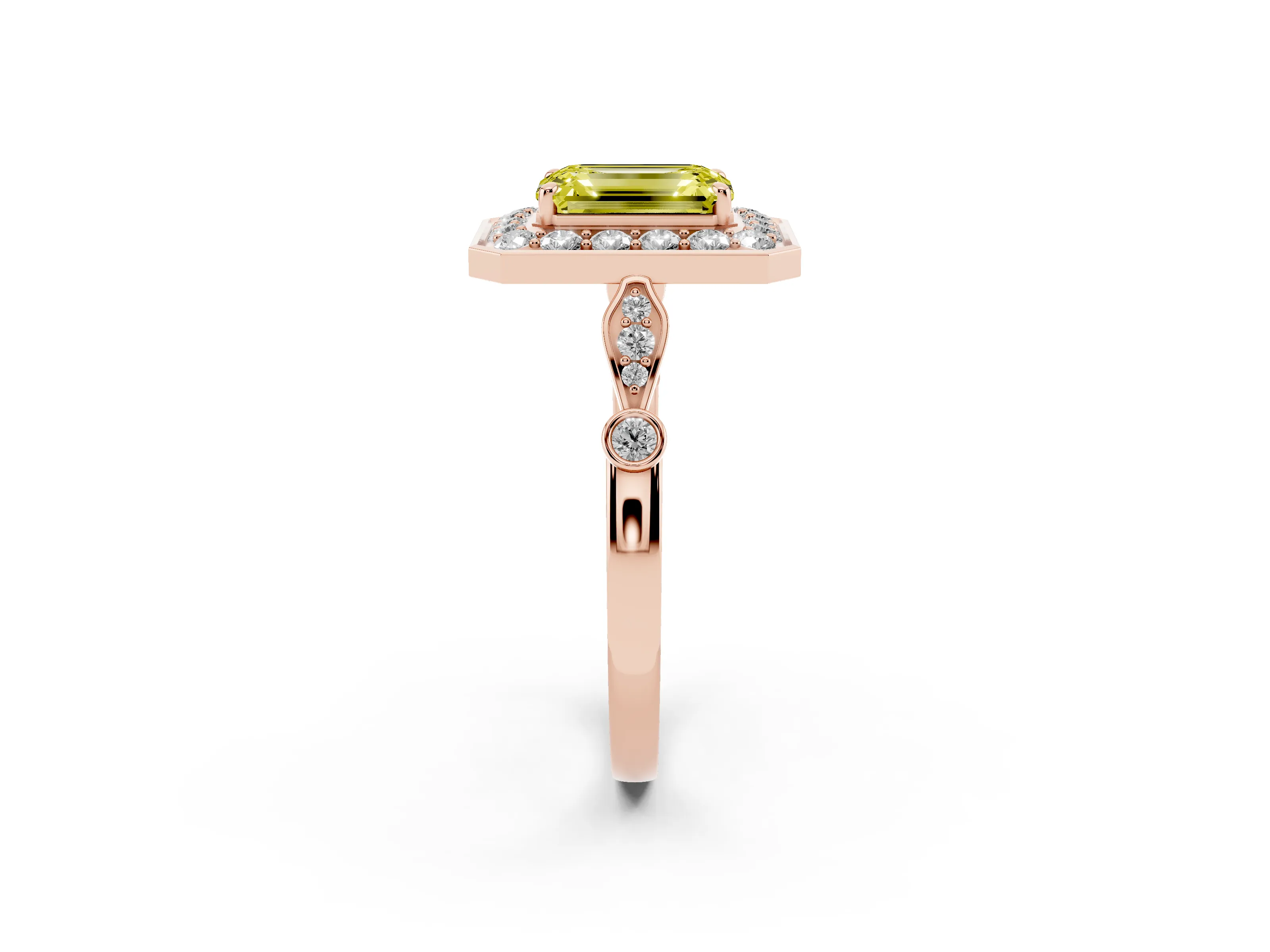 Fancy Yellow Emerald Cut Diamond Halo Engagement Ring Set in Rose gold with Twisted Band and Prong Setting