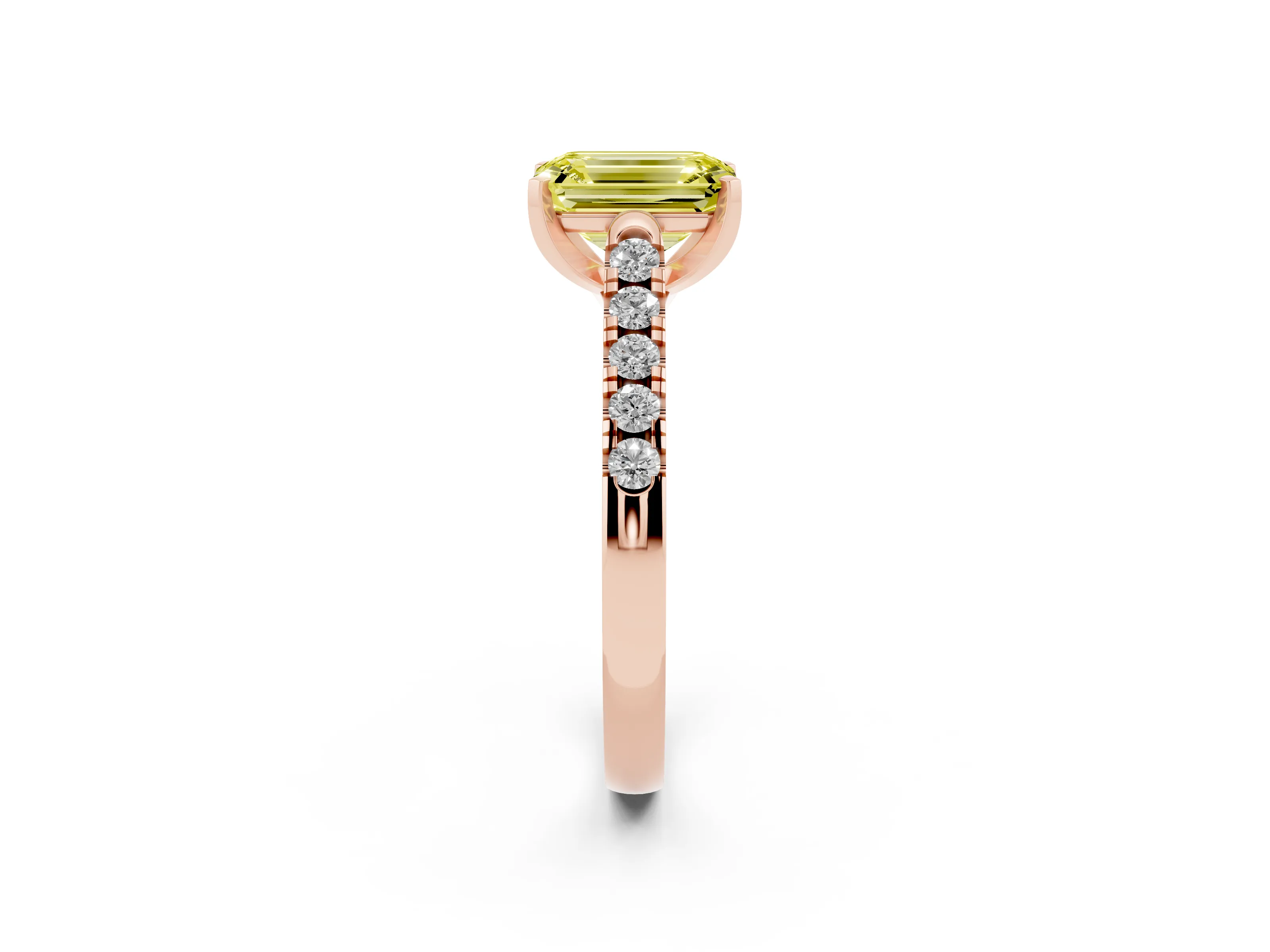 Fancy Yellow Emerald Cut Diamond Pavé Band Solitaire Ring Set in Rose gold with Partway Accent Stones and Prong Setting