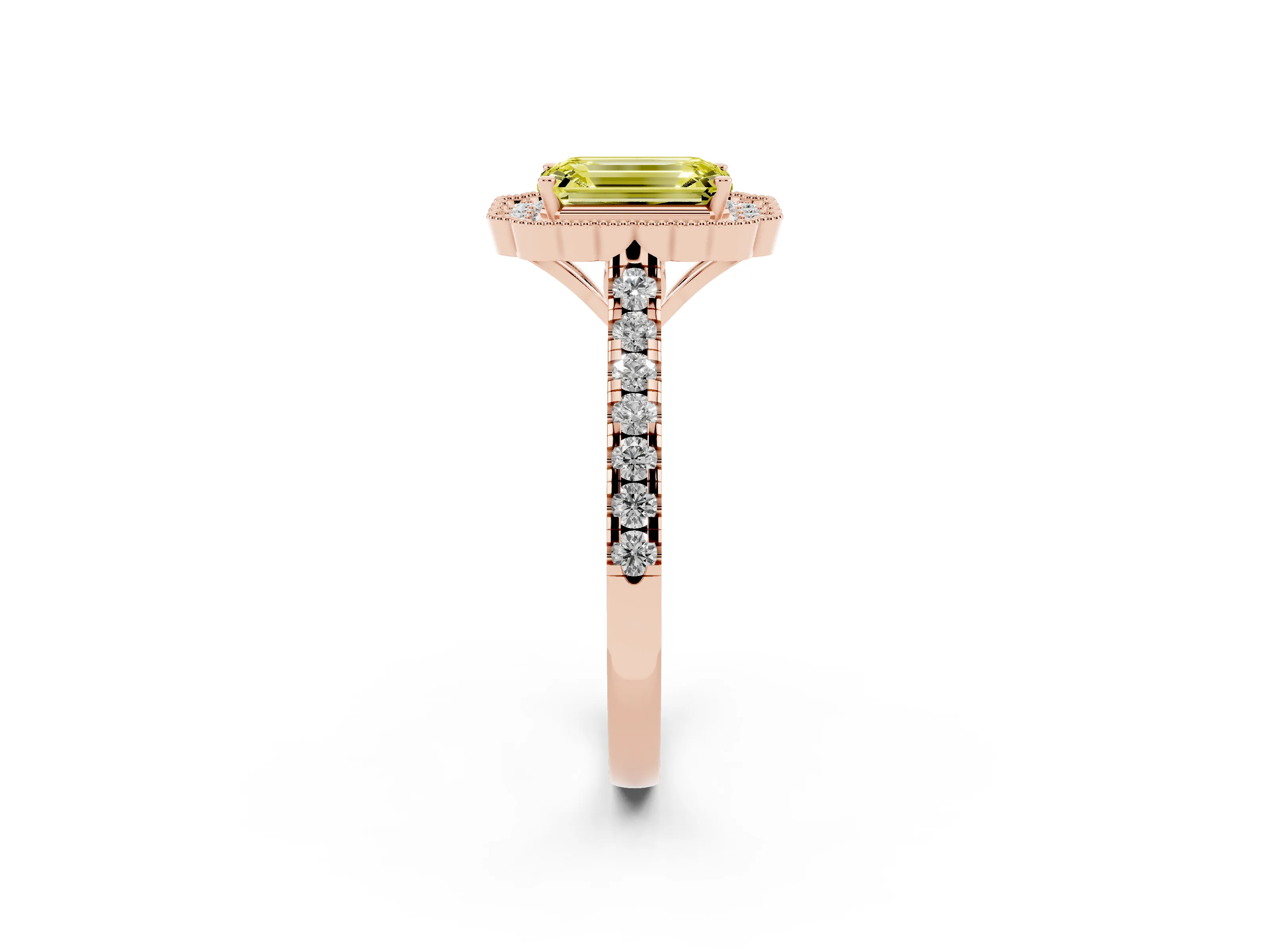 Fancy Yellow Emerald Cut Diamond Milgrain Floral Halo Engagement Ring Set in Rose gold with Pavé Band