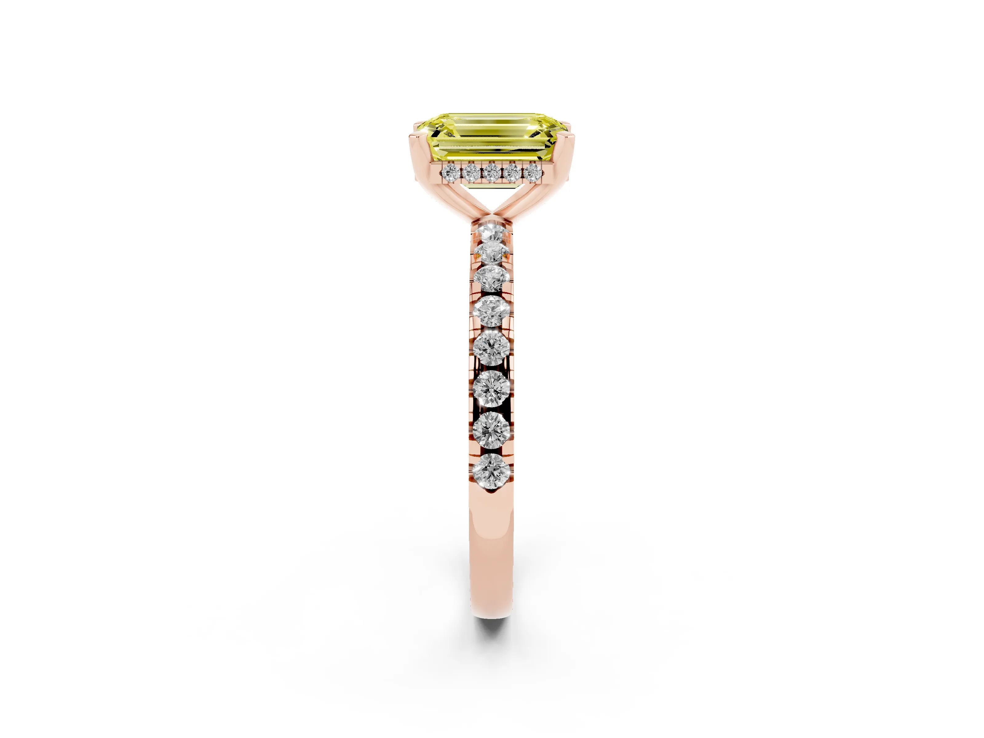 Fancy Yellow Emerald Cut Diamond Pavé Solitaire Ring Set in Rose gold with Round Band Accents and Prong Setting