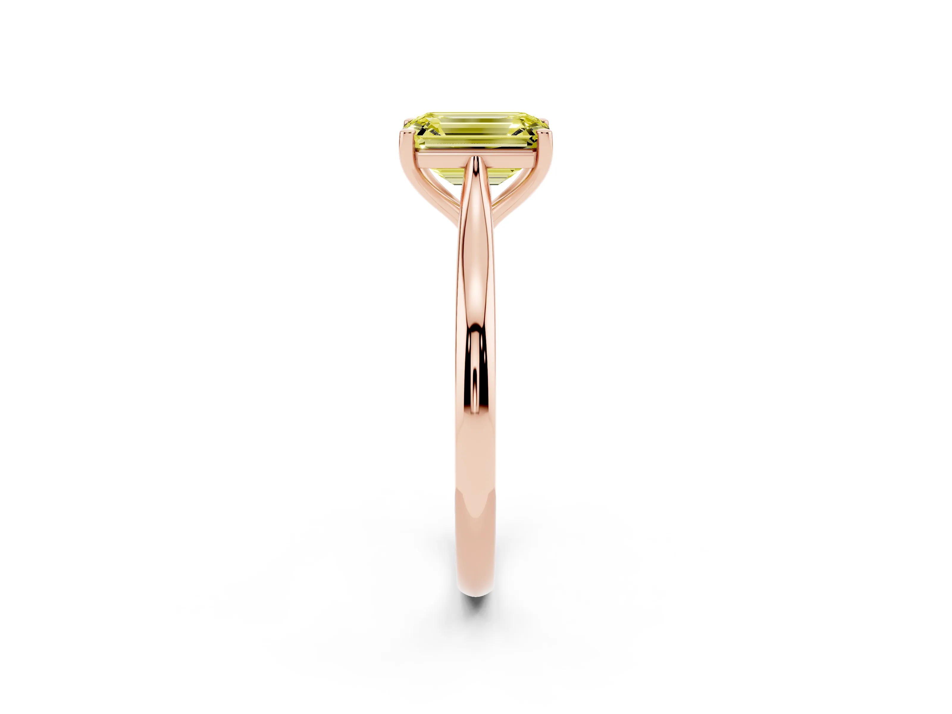 Fancy Yellow Emerald Cut Diamond Solitaire Ring Set in Rose gold with Cathedral Band and Prong Setting