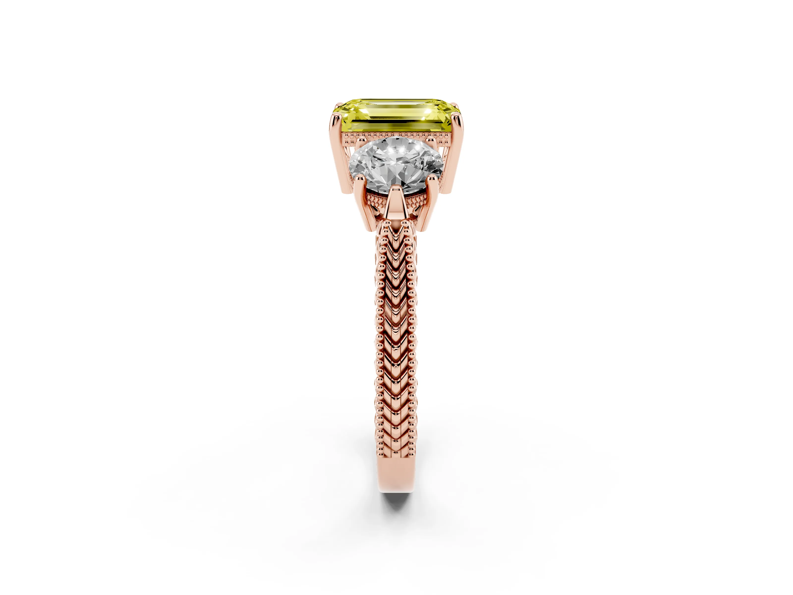 Fancy Yellow Emerald Cut Diamond Three-Stone Ring Set in Rose gold with Milgrain Band