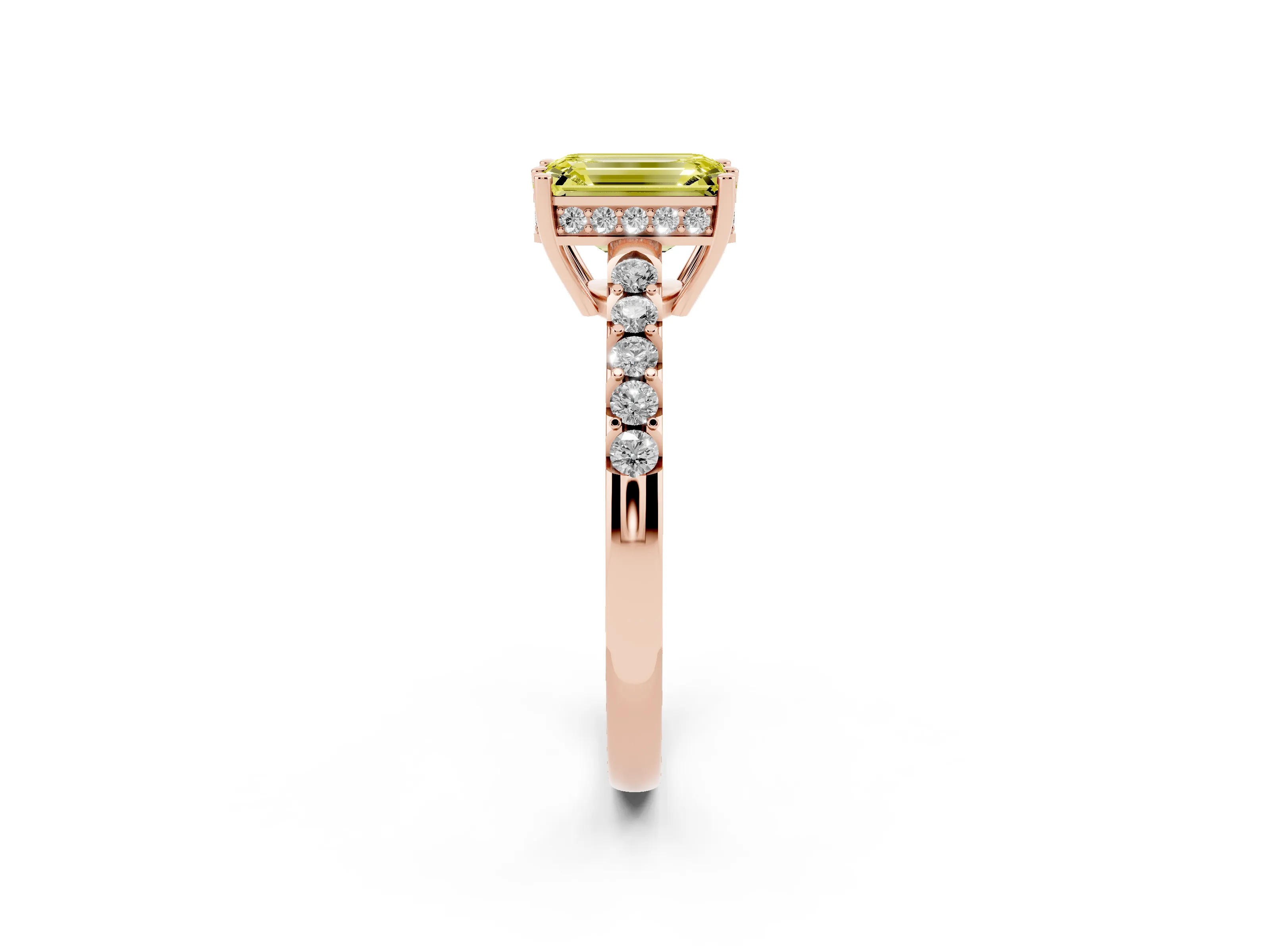 Fancy Yellow Emerald Cut Diamond Solitaire Engagement Ring Set in Rose gold with Pavé Band and Prong Setting