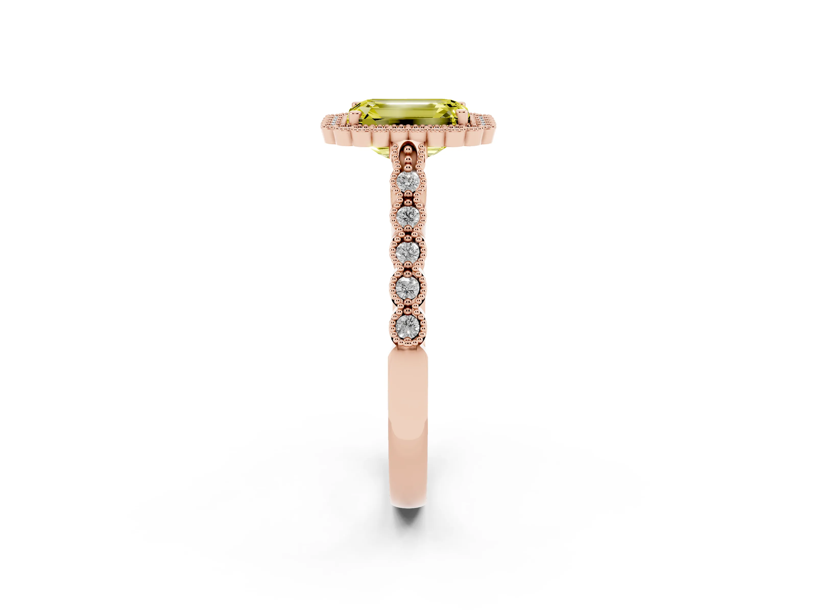Fancy Yellow Emerald Cut Diamond Halo Ring Set in Rose gold with Pavé Milgrain Band