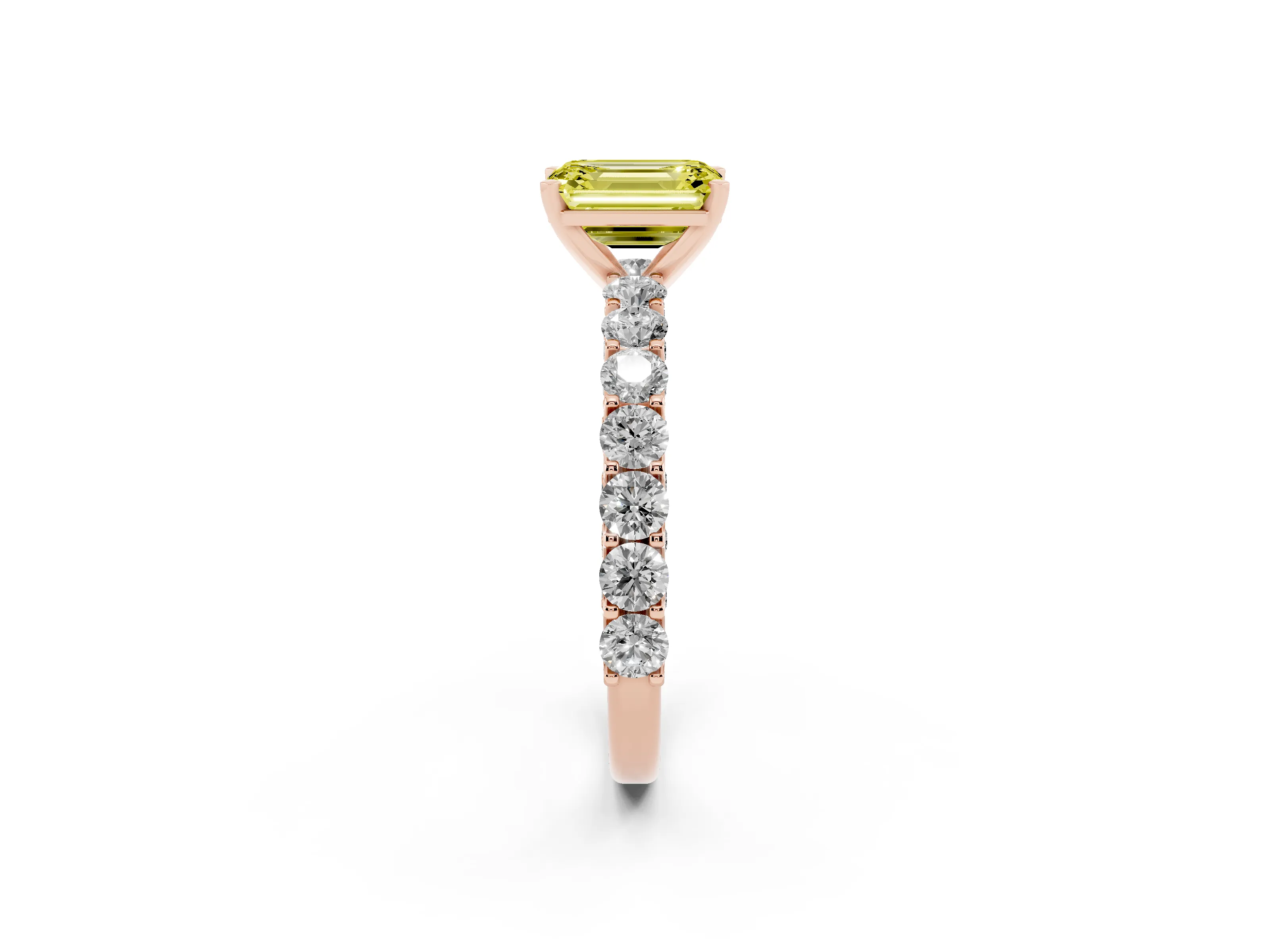 Fancy Yellow Emerald Cut Diamond Solitaire Ring Set in Rose gold with Shared Prong Pavé Band