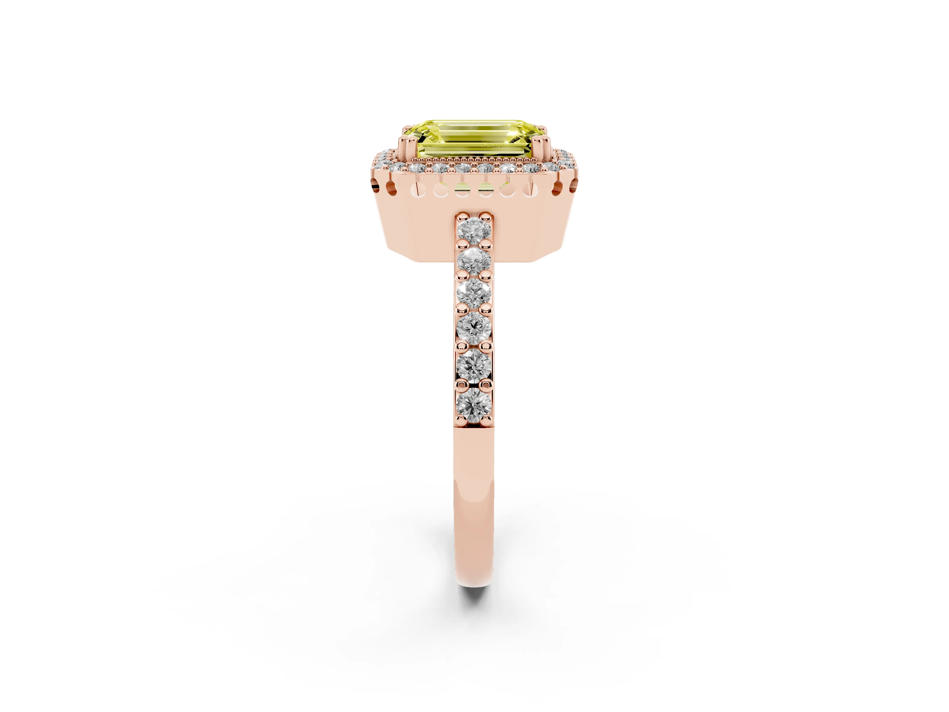 Fancy Yellow Emerald Cut Diamond Halo Engagement Ring Set in Rose gold with Milgrain Detail and Pavé Band