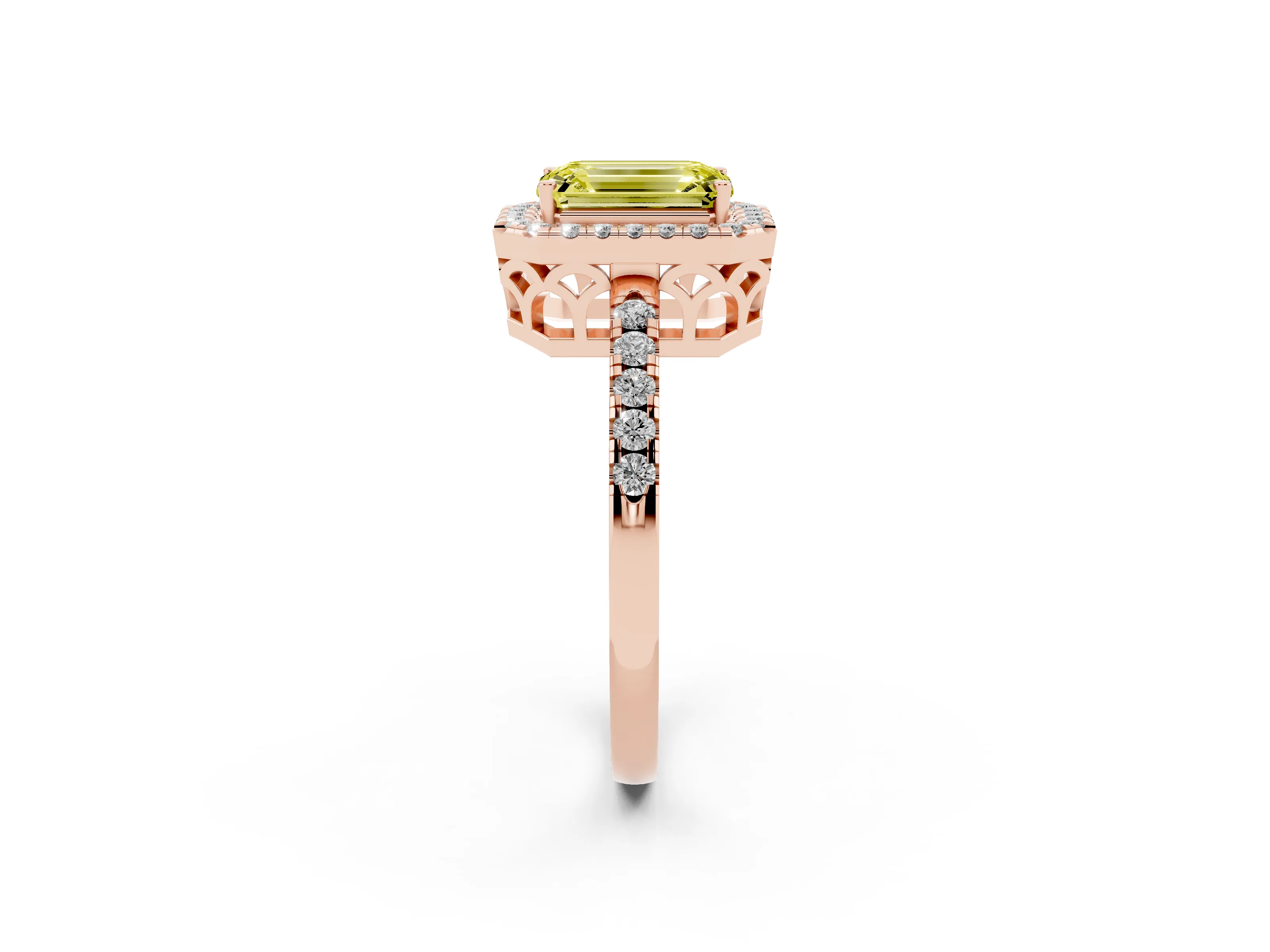 Fancy Yellow Emerald Cut Diamond Pavé Band Halo Engagement Ring Set in Rose gold with Prong Setting