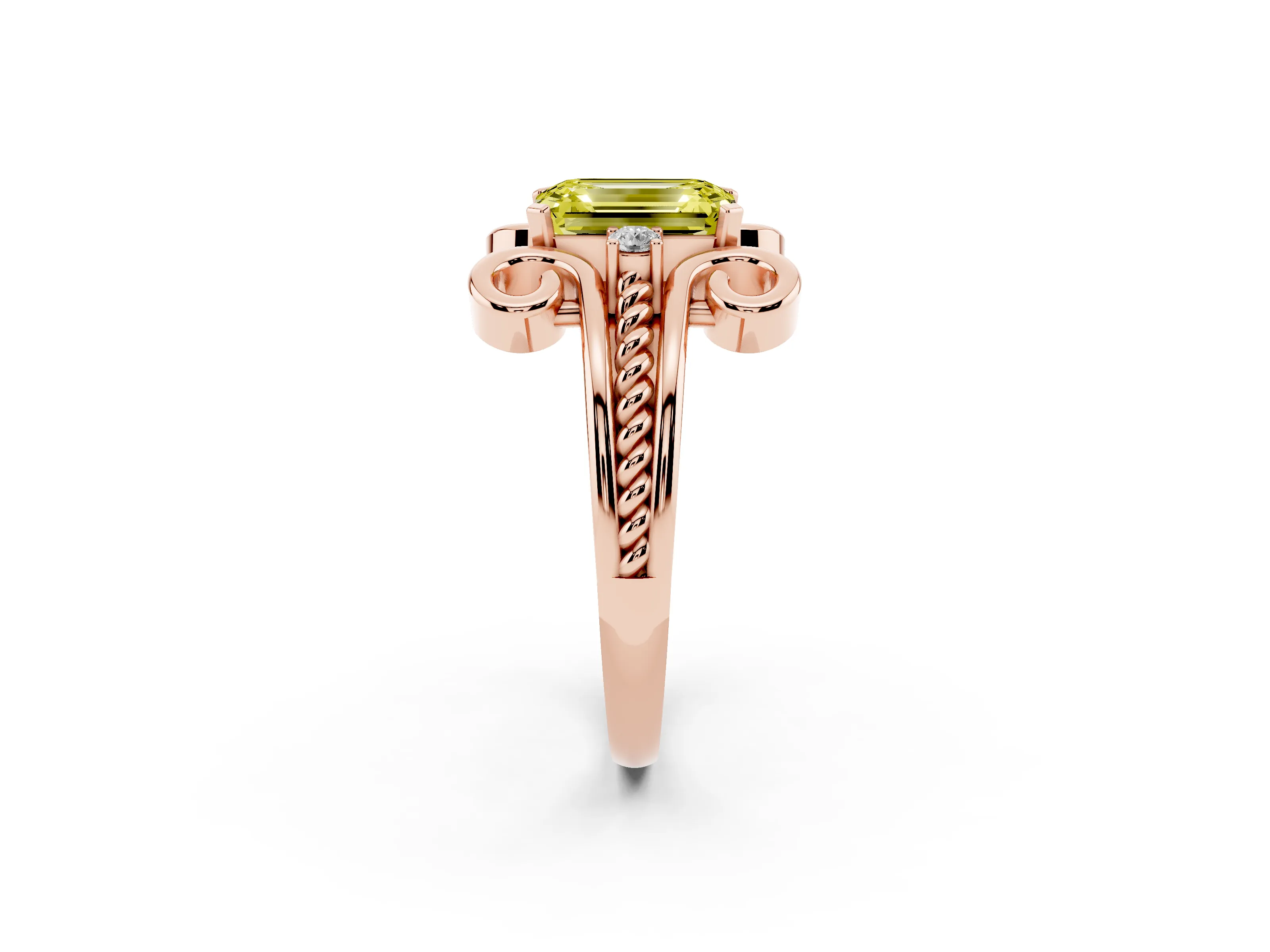 Fancy Yellow Emerald Cut Diamond Twisted Band Solitaire Ring Set in Rose gold with Scroll Prongs