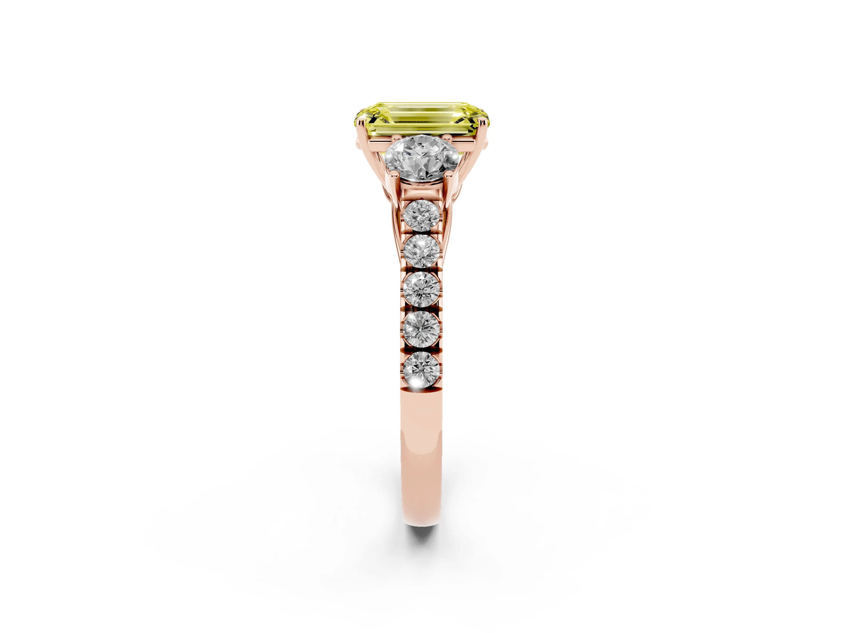 Fancy Yellow Emerald Cut Diamond Three-Stone Ring Set in Rose gold with Round Side Stones and Delicate Pavé Band