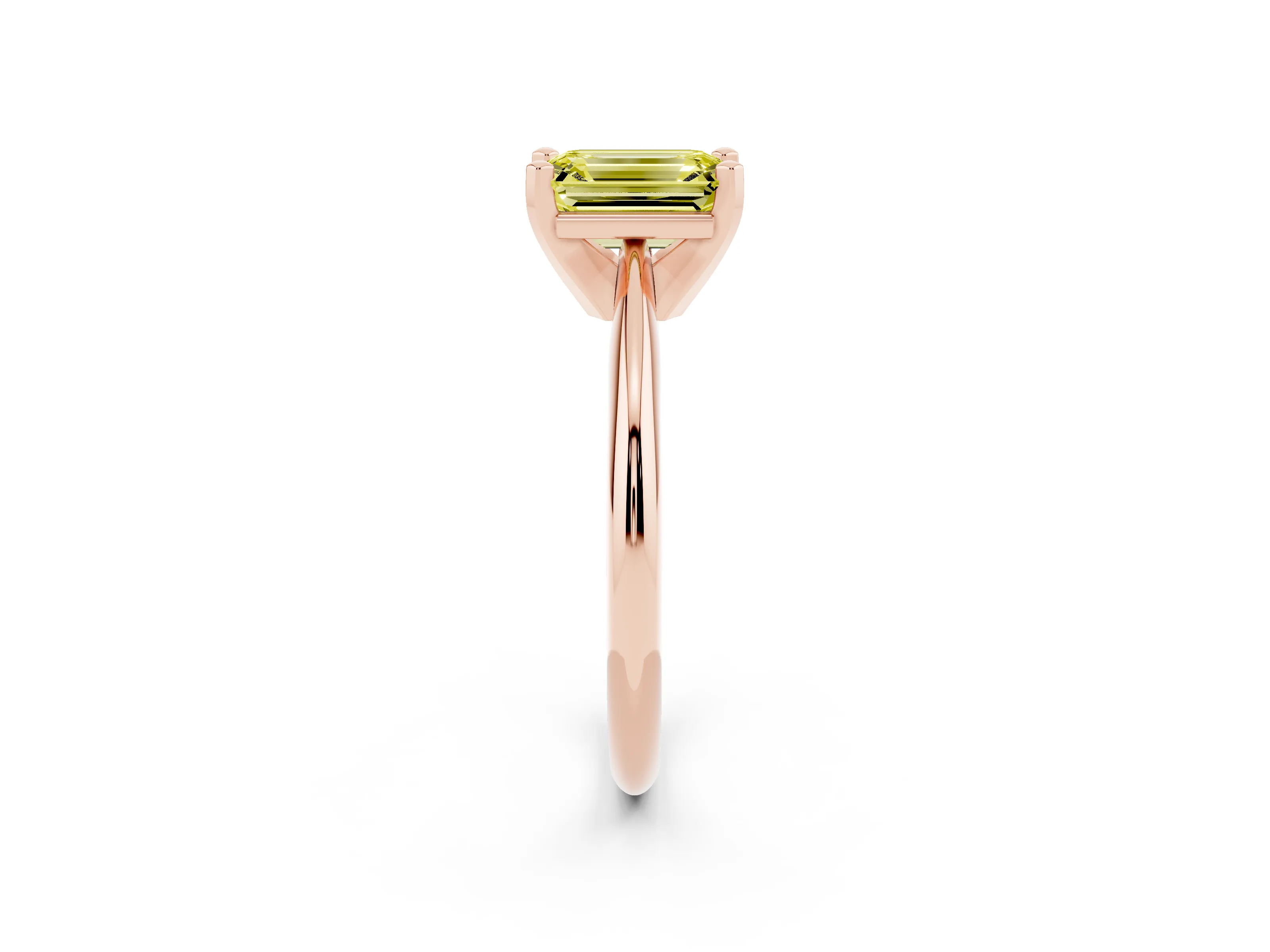 Fancy Yellow Emerald Cut Diamond Solitaire Ring Set in Rose gold with Prong Setting on a Plain Round Band