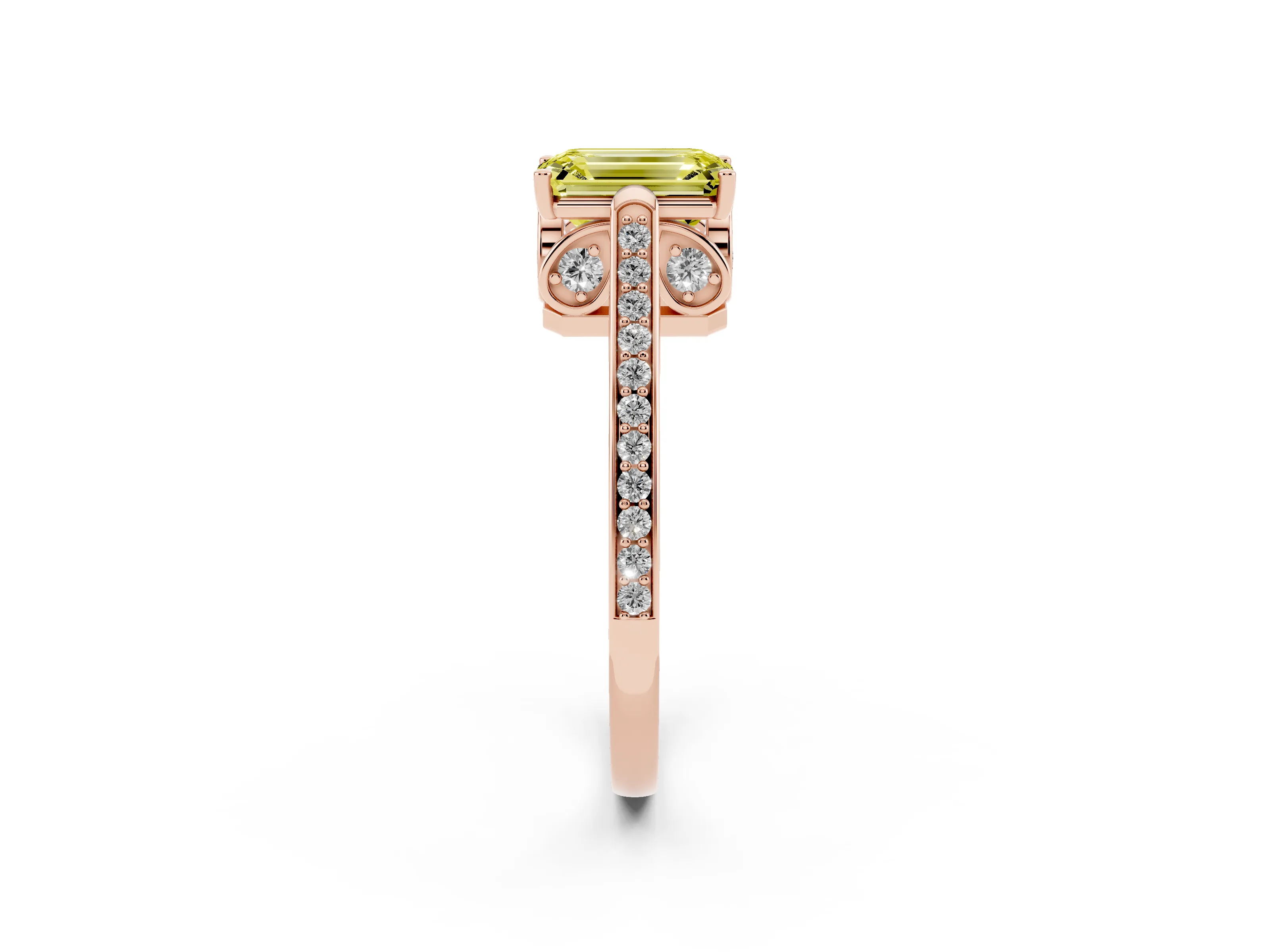 Fancy Yellow Emerald Cut Diamond Cathedral Pavé Engagement Ring Set in Rose gold with Prong Setting