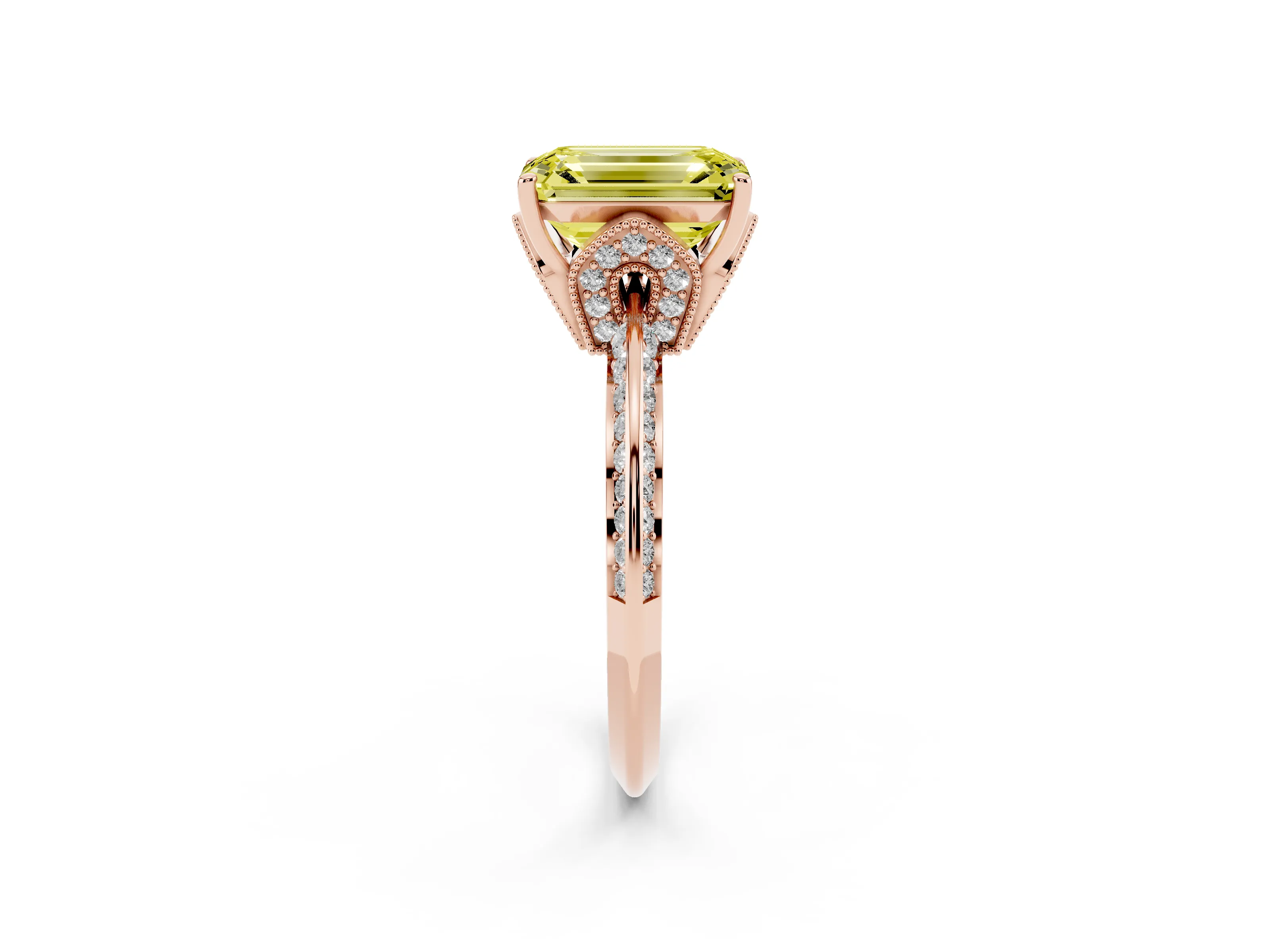 Fancy Yellow Emerald Cut Diamond Solitaire Engagement Ring Set in Rose gold with Pavé Split Shank and Prong Setting