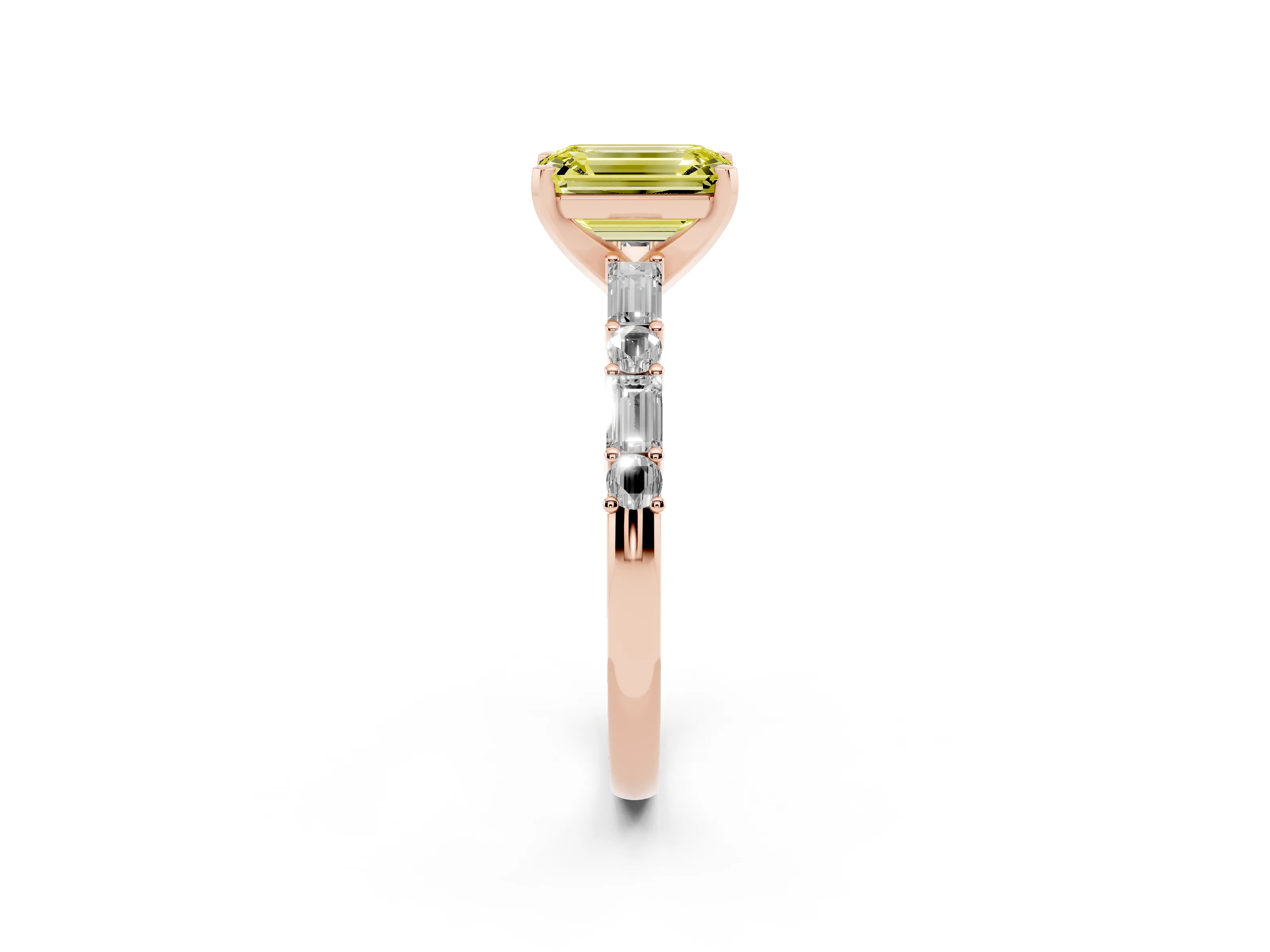 Fancy Yellow Emerald Cut Diamond Solitaire Set in Rose gold with Side Baguettes and Channel Set Band