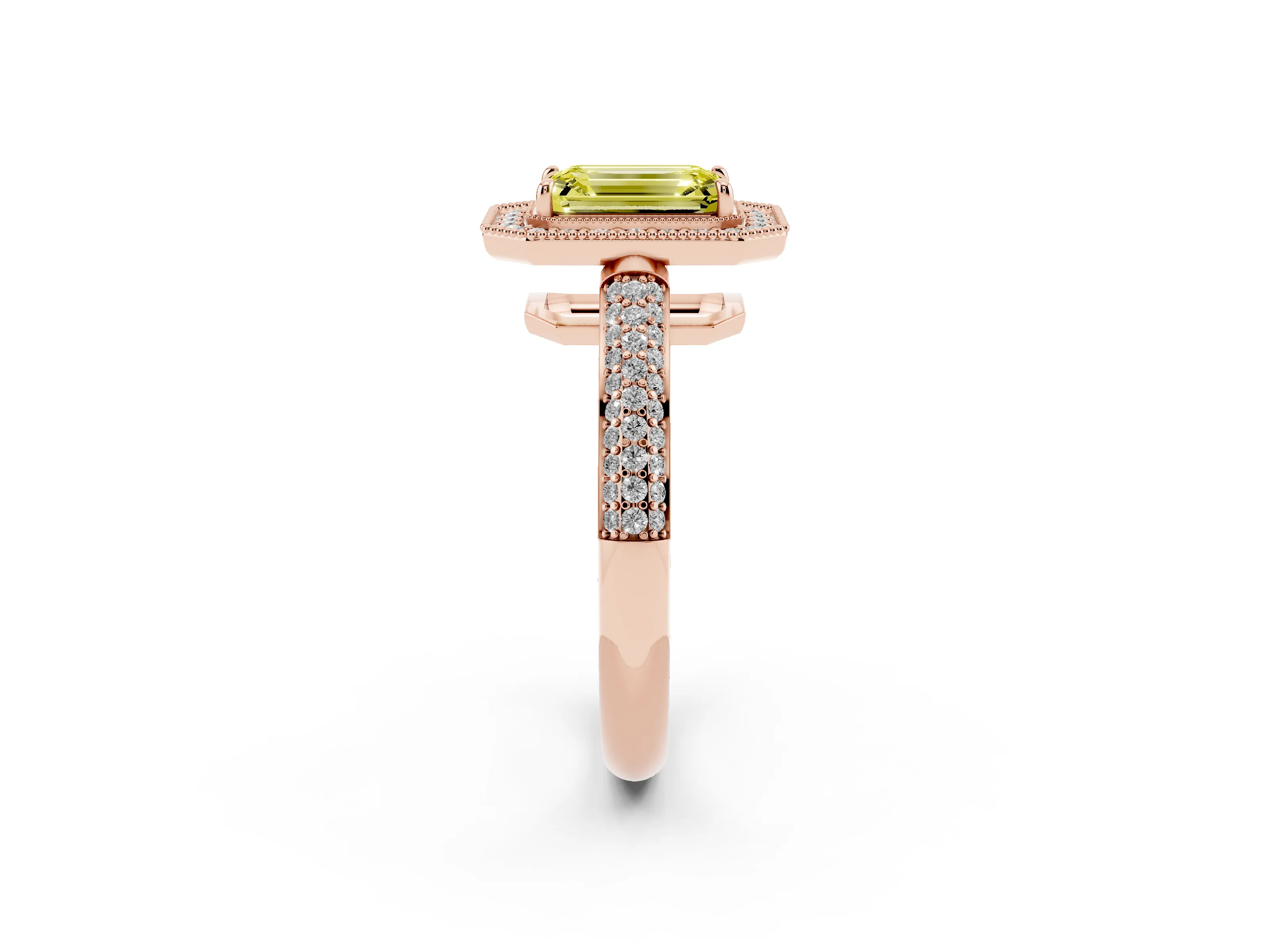 Fancy Yellow Emerald Cut Diamond Halo Pavé Band Set in Rose gold with Prong Setting