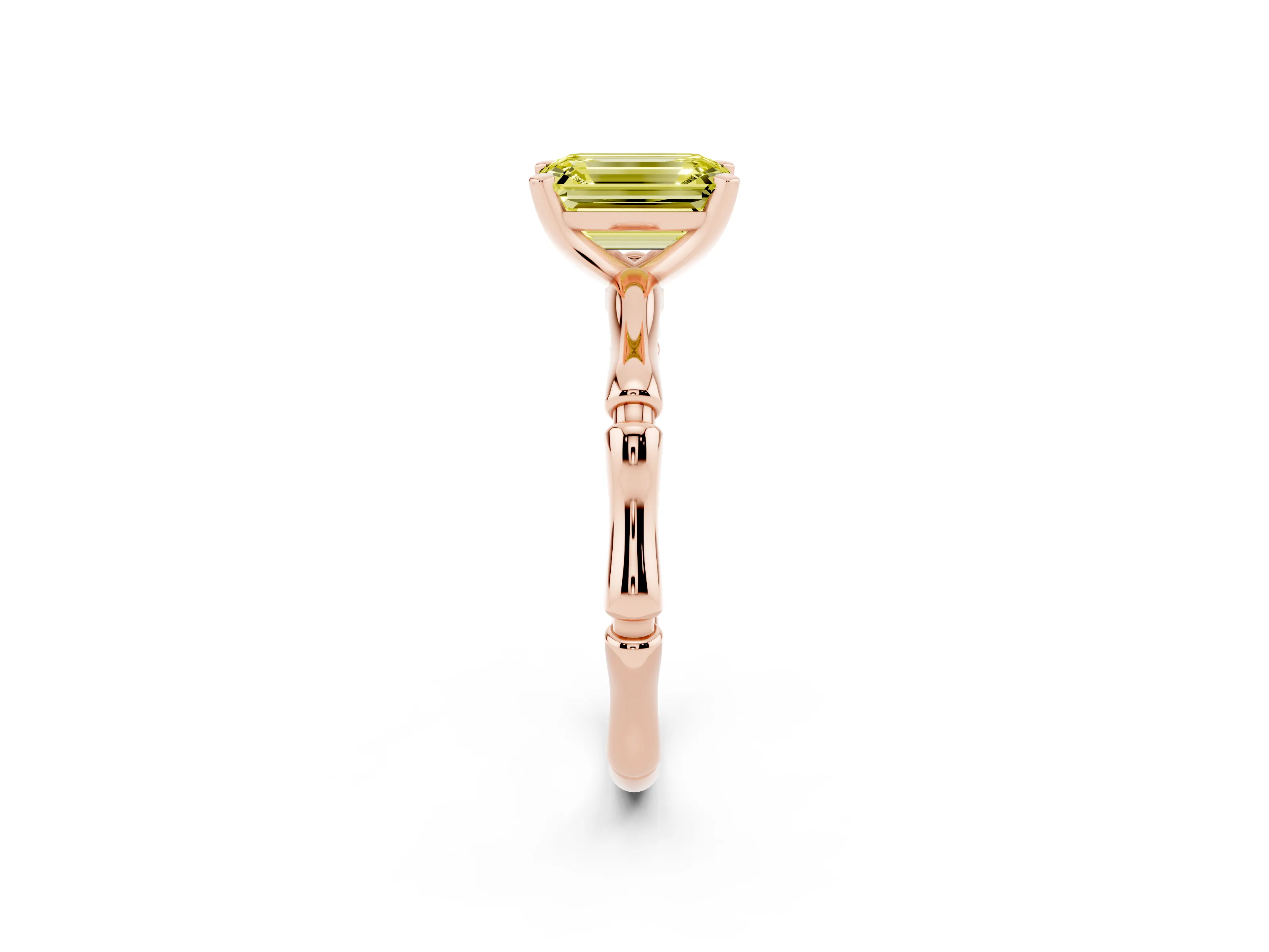 Fancy Yellow Emerald Cut Diamond Solitaire Ring Set in Rose gold with Bamboo Band and Prong Setting