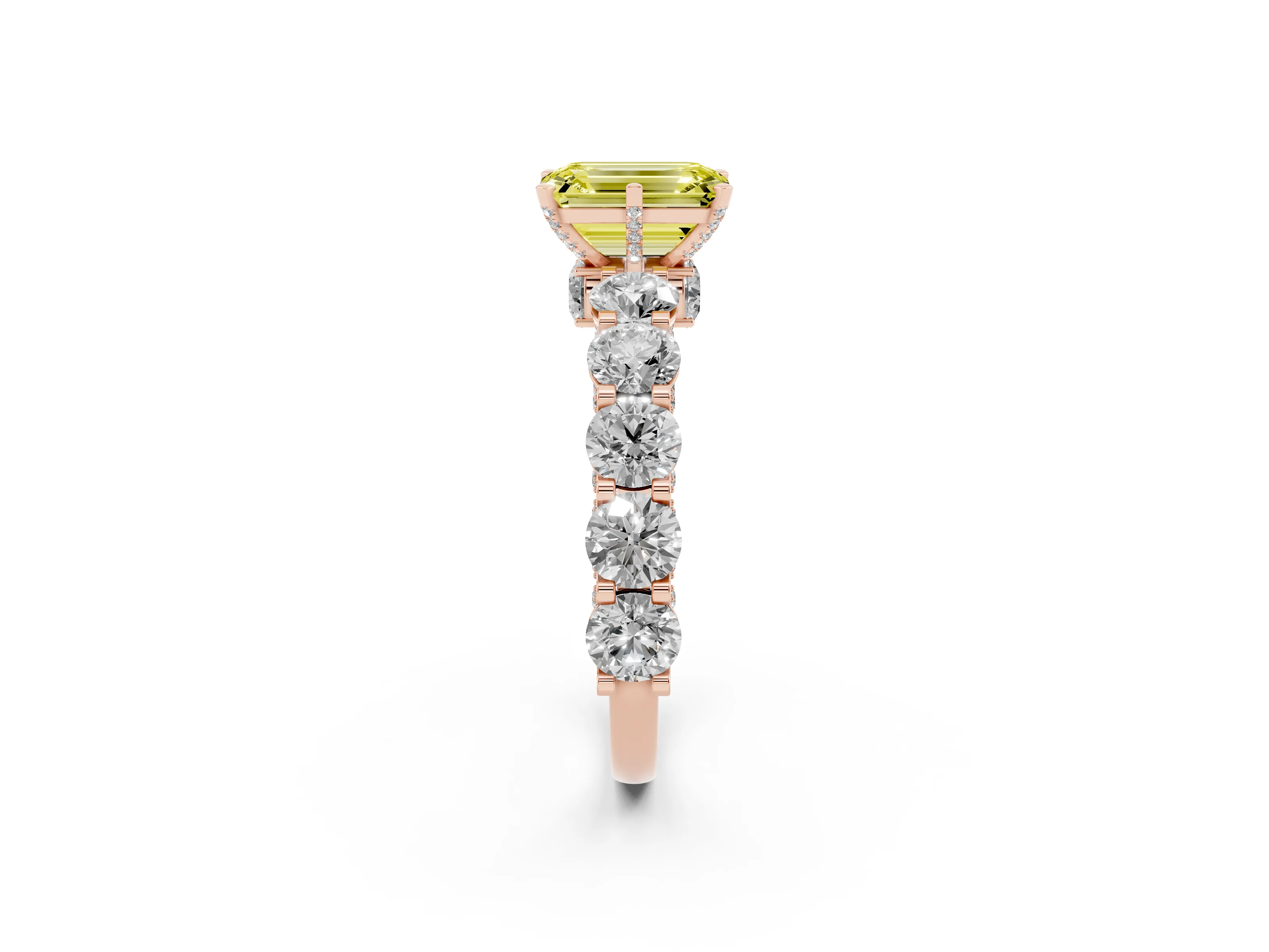 Fancy Yellow Emerald Cut Diamond Side Stone Ring Set in Rose gold with Alternating Round and Oval Side Stones