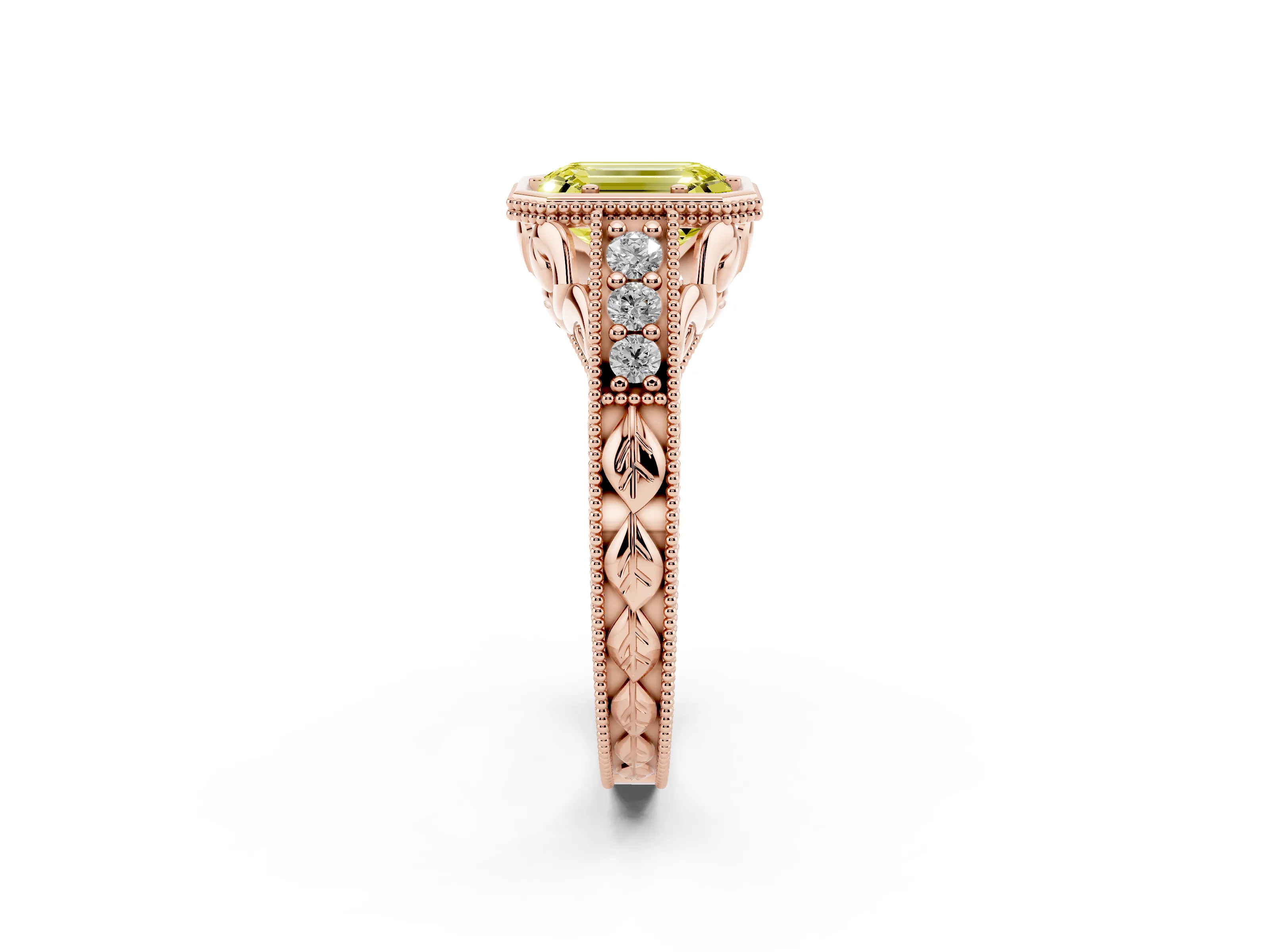 Fancy Yellow Bezel Set Emerald Cut Diamond Milgrain Pavé Engagement Ring Set in Rose gold