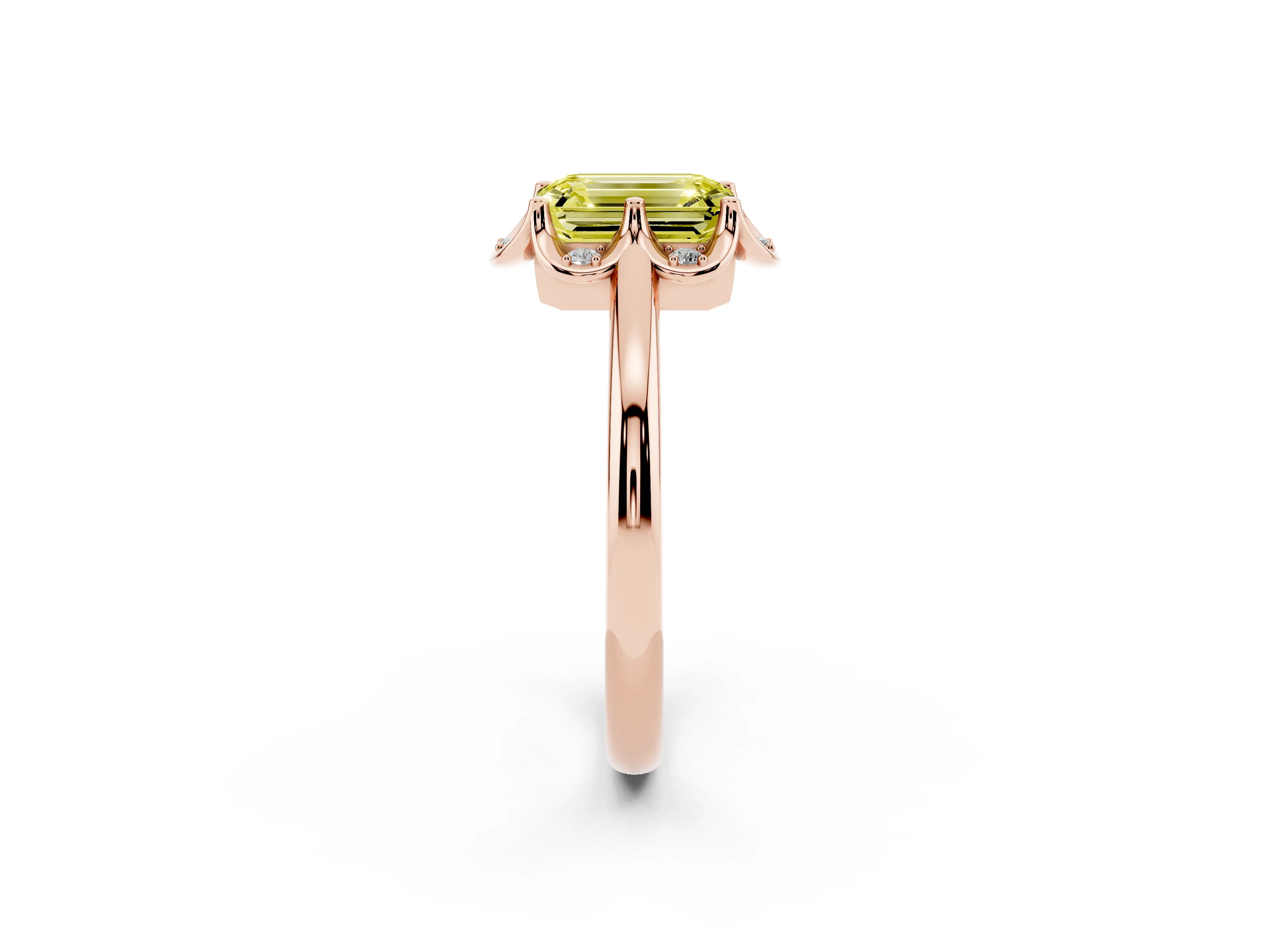 Fancy Yellow Emerald Cut Diamond Round Cluster Halo Ring Set in Rose gold with Solitaire Band and Prong Setting