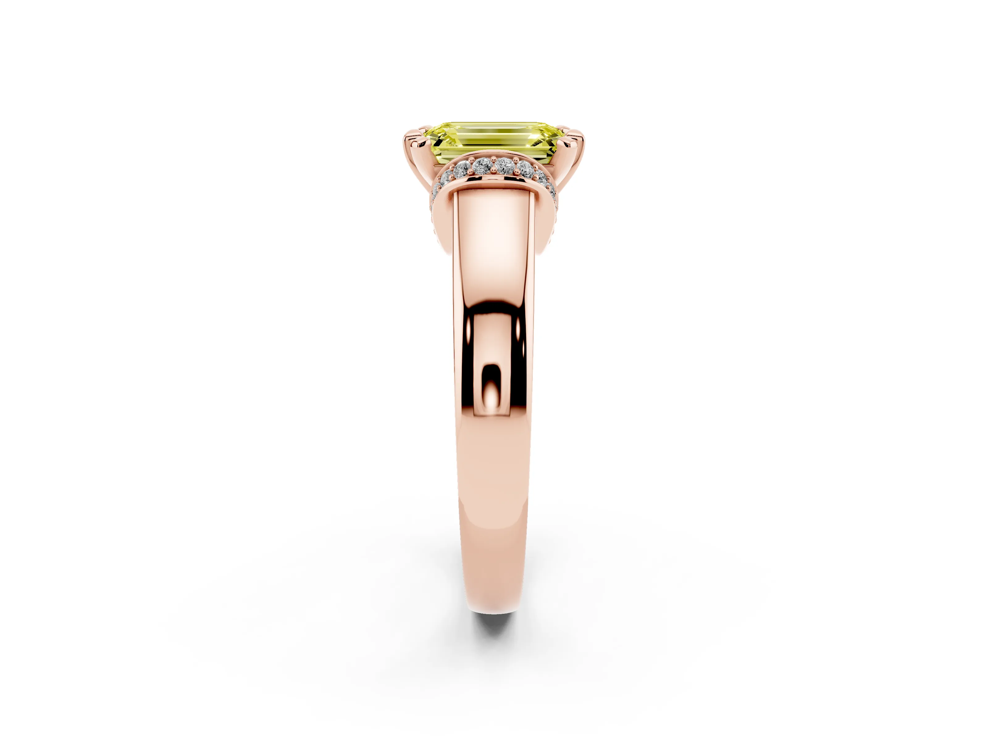 Fancy Yellow Emerald Cut Diamond Pavé Band Solitaire Ring Set in Rose gold with Prong Setting