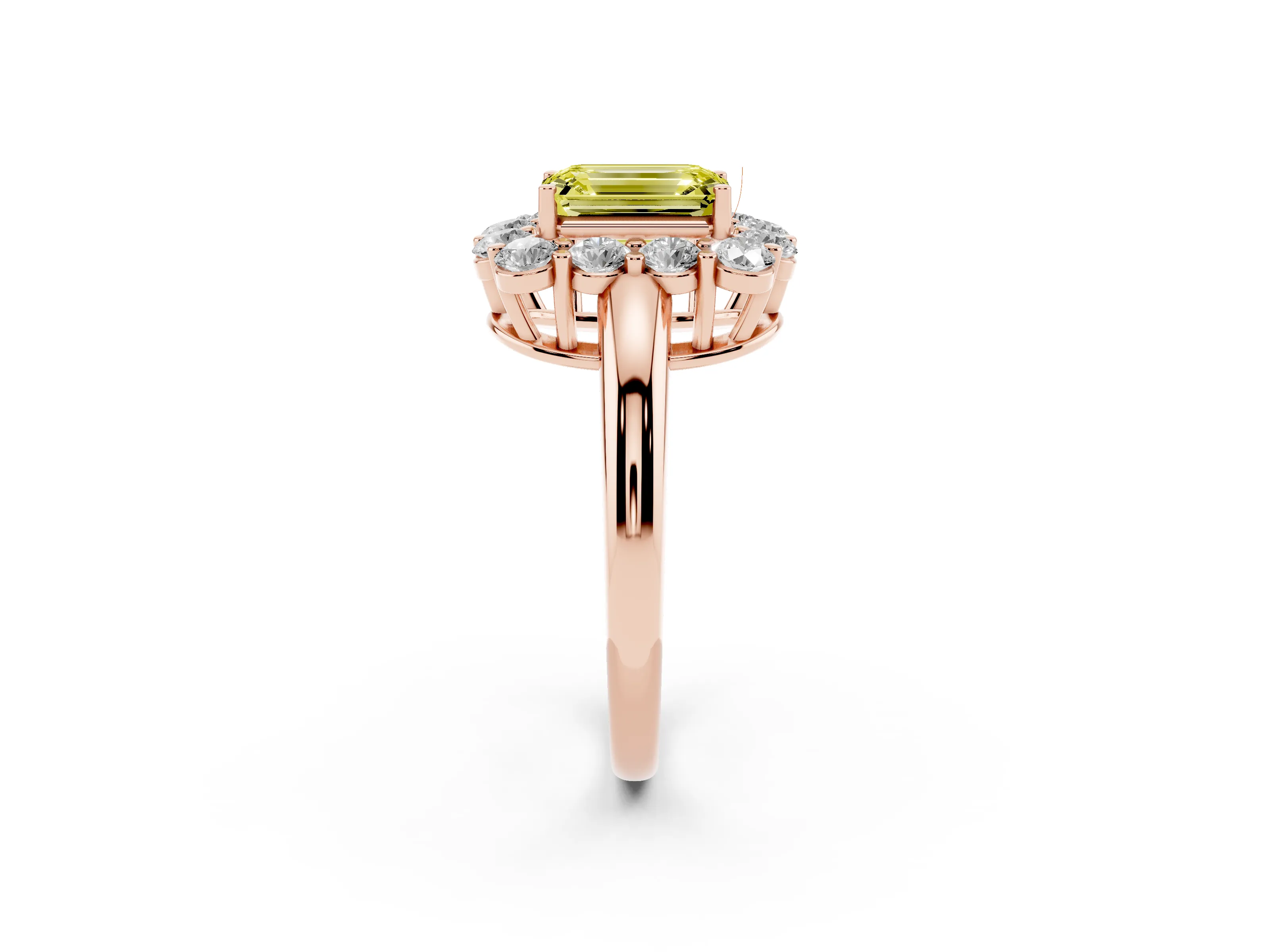 Fancy Yellow Emerald Cut Diamond Halo Cluster Engagement Ring Set in Rose gold with Polished Band and Prong Setting