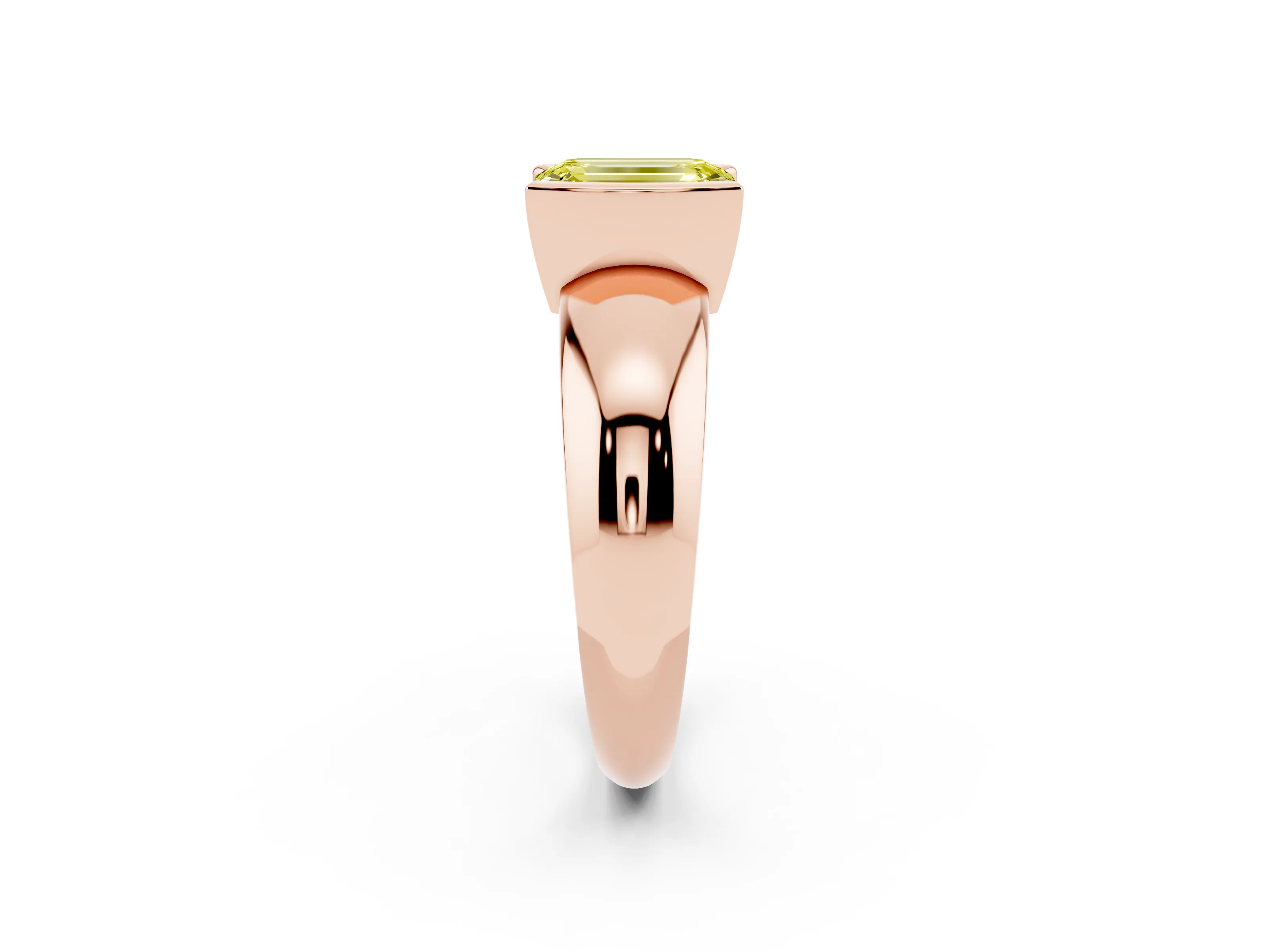 Fancy Yellow Emerald Cut Diamond Solitaire Tension Set Ring Set in Rose gold with Wide Band