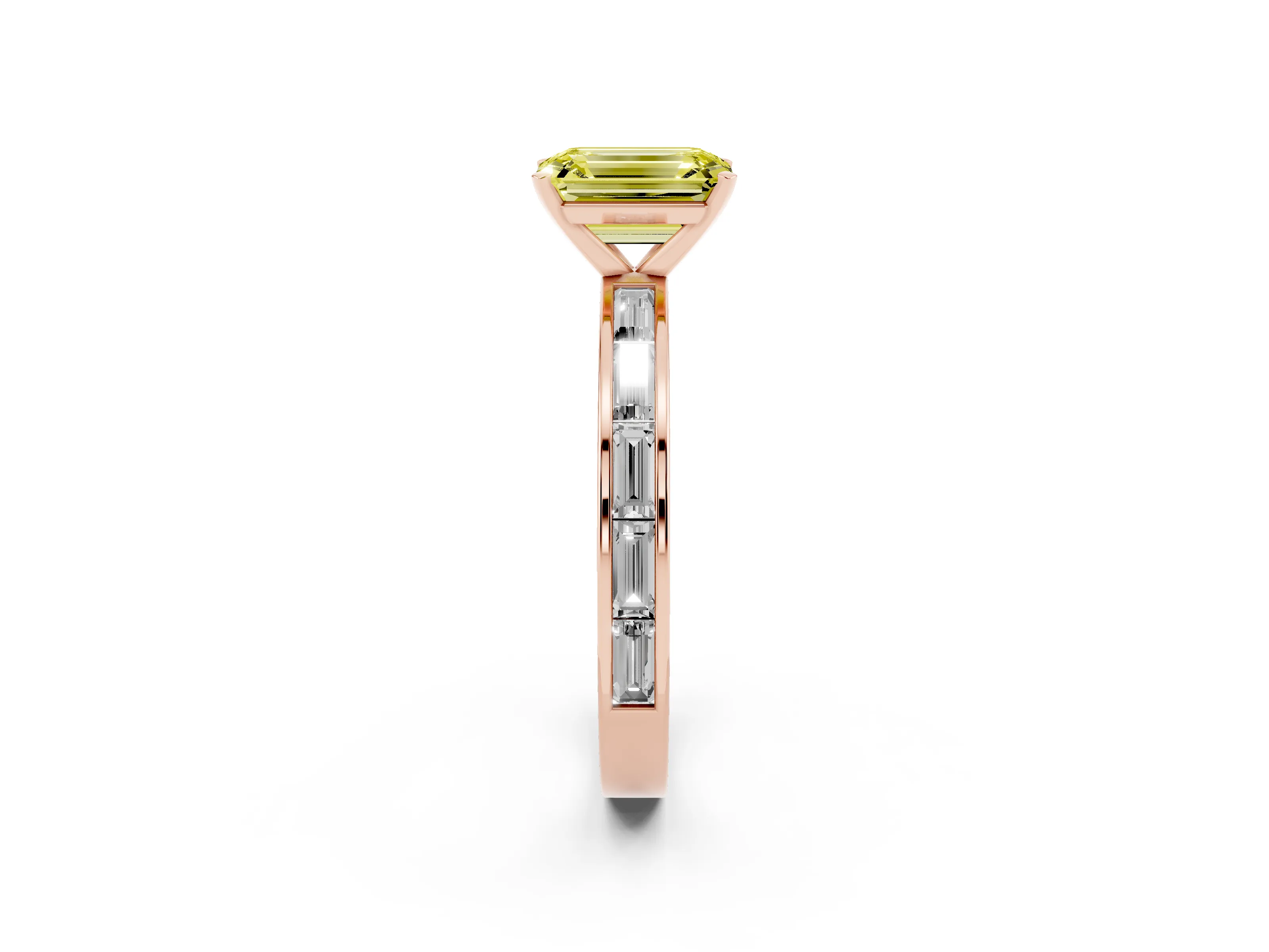 Fancy Yellow Emerald Cut Diamond Solitaire Ring Set in Rose gold with Channel-Set Baguette Band and Prong Setting