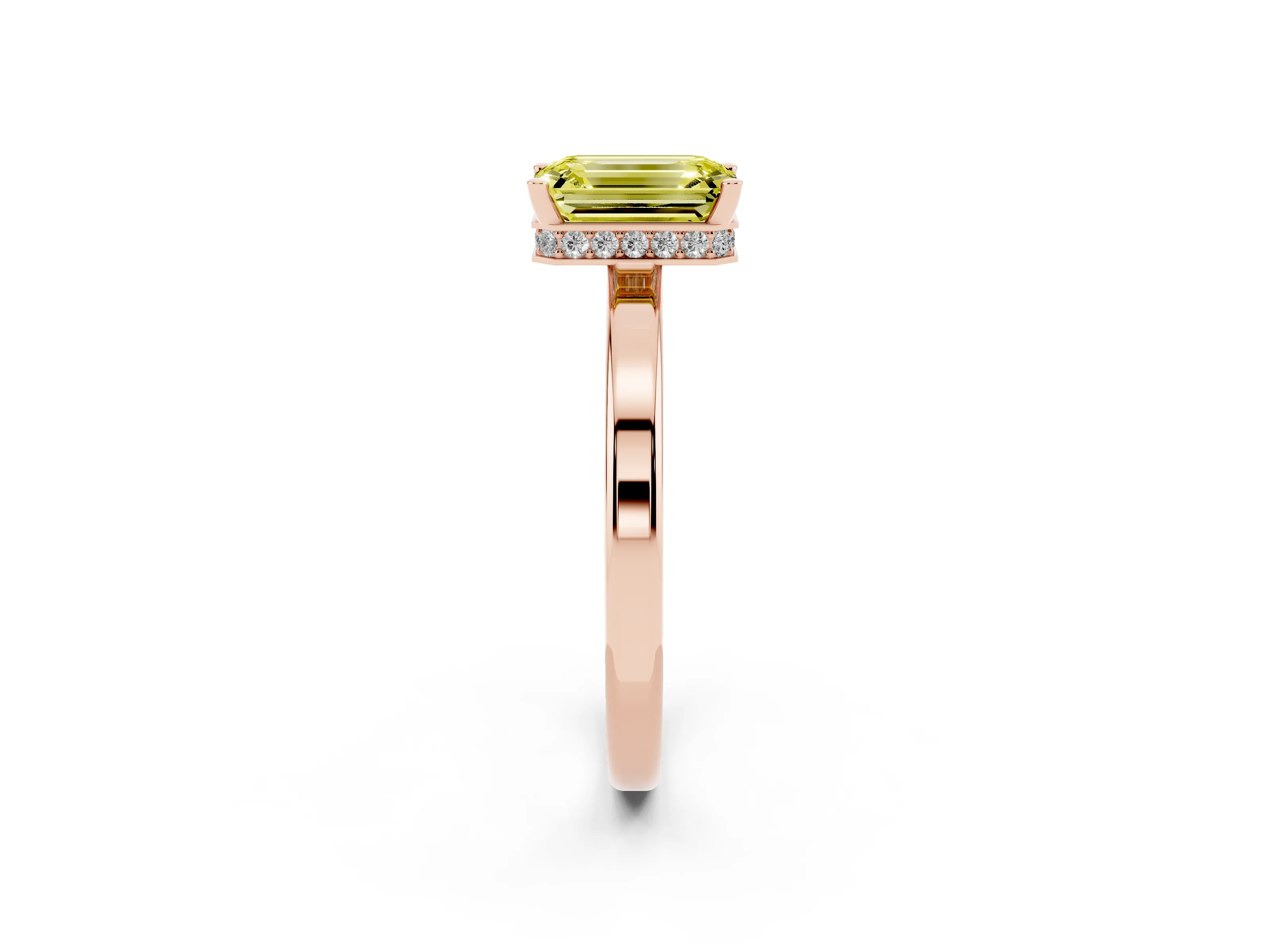 Fancy Yellow Emerald Cut Diamond Solitaire Engagement Ring Set in Rose gold with Prong Setting on a Plain Band