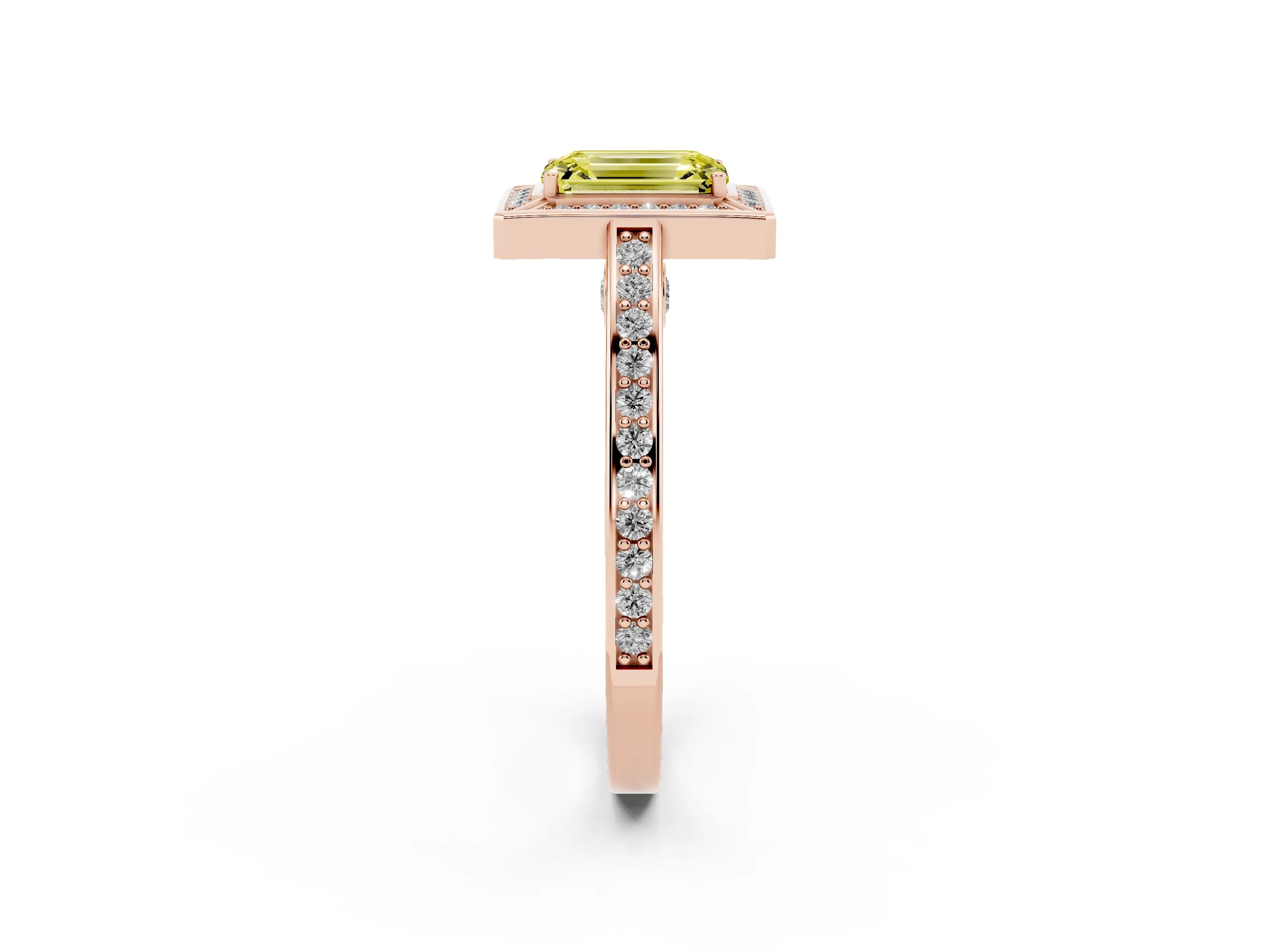Fancy Yellow Emerald Cut Diamond Halo Pavé Split Shank Ring Set in Rose gold with Prong Setting