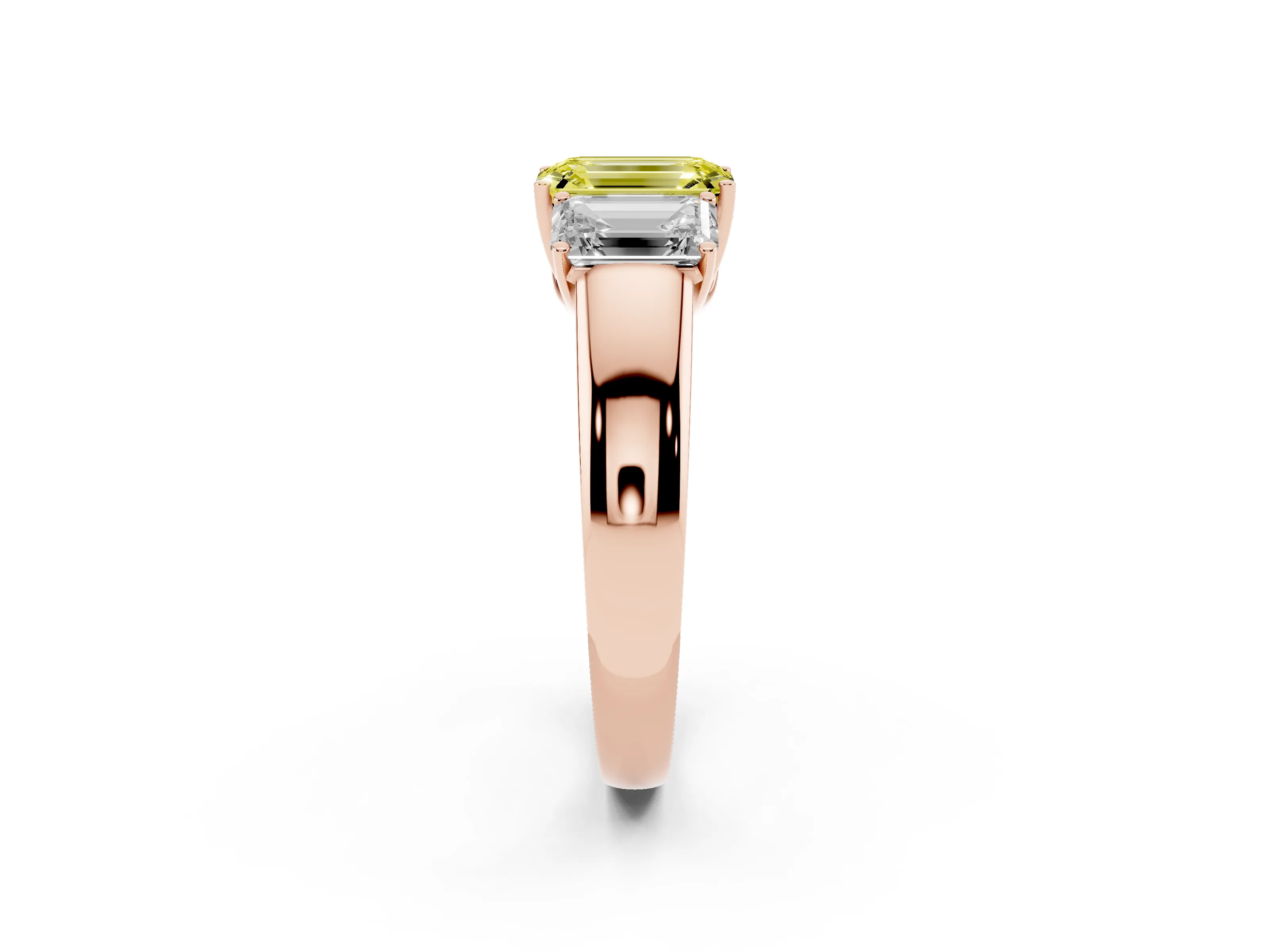 Fancy Yellow Three-Stone Emerald Cut Diamond Ring Set in Rose gold with Matching Prong Settings and Plain Band