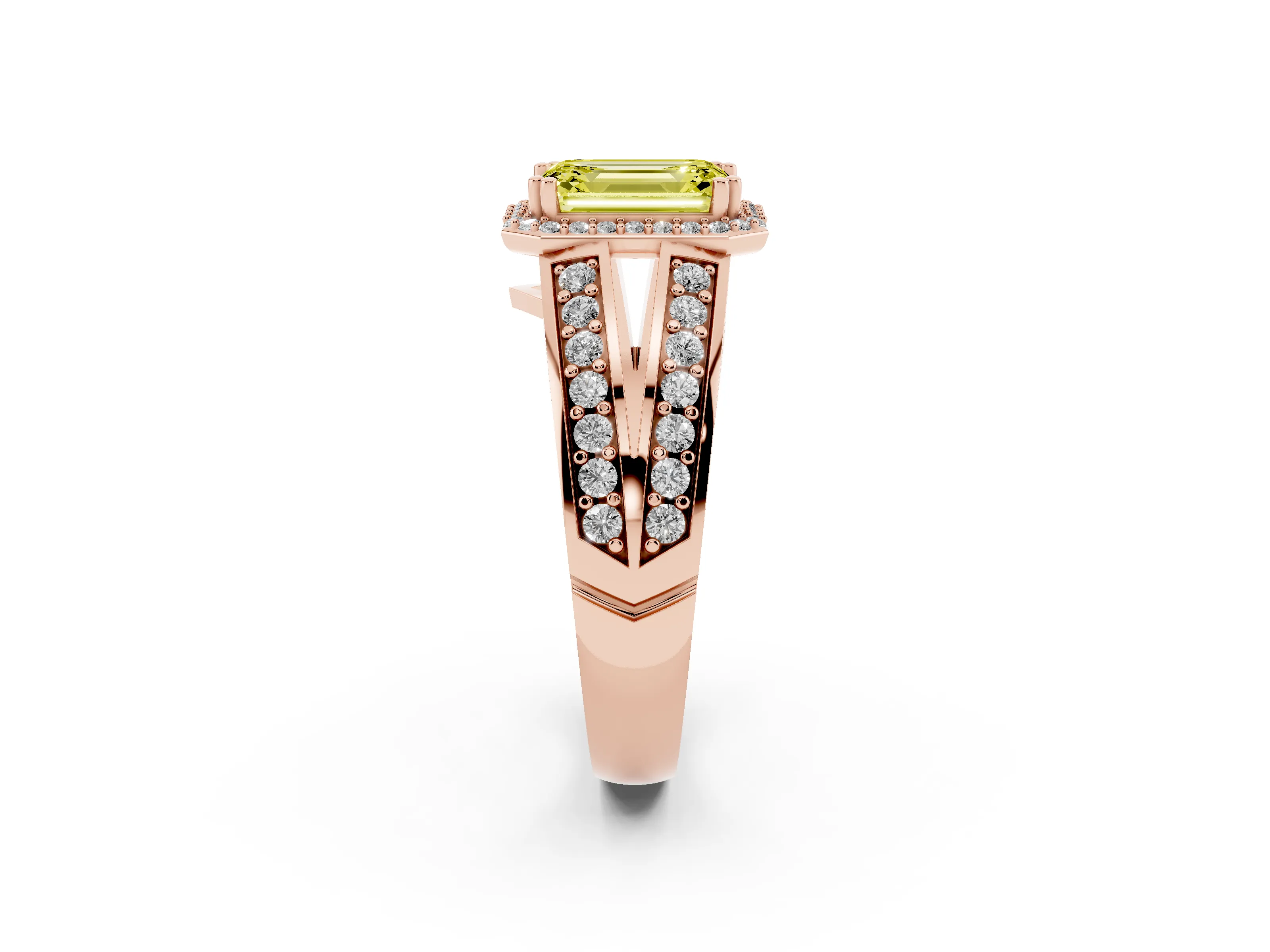 Fancy Yellow Emerald Cut Diamond Halo Ring Set in Rose gold with Double Pavé Split Shank