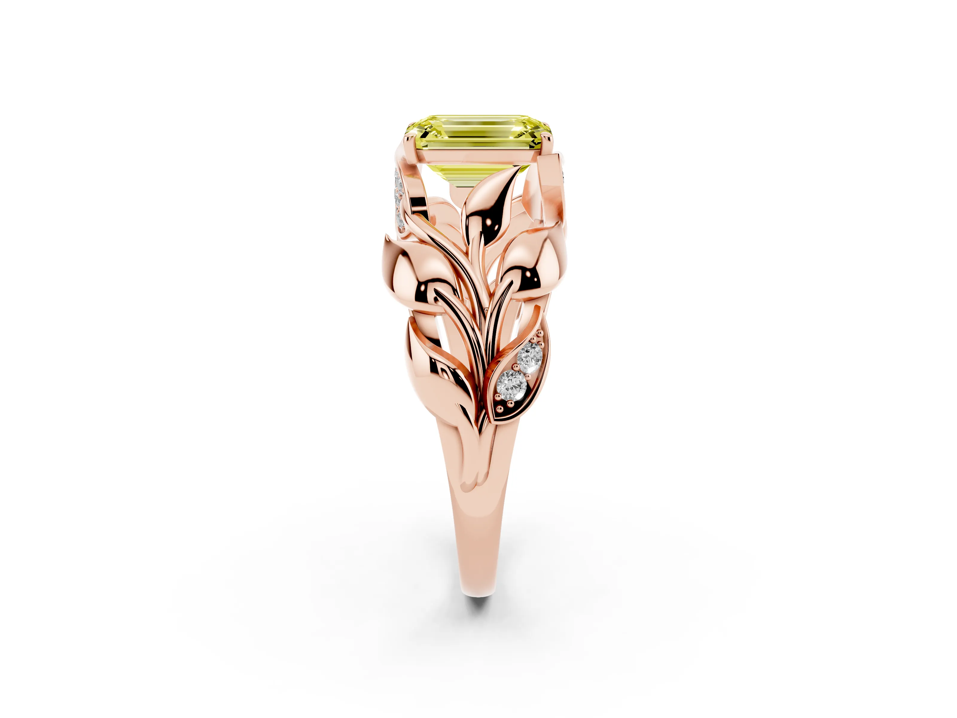 Fancy Yellow Emerald Cut Diamond Leaf-Inspired Engagement Ring Set in Rose gold with Round Accents
