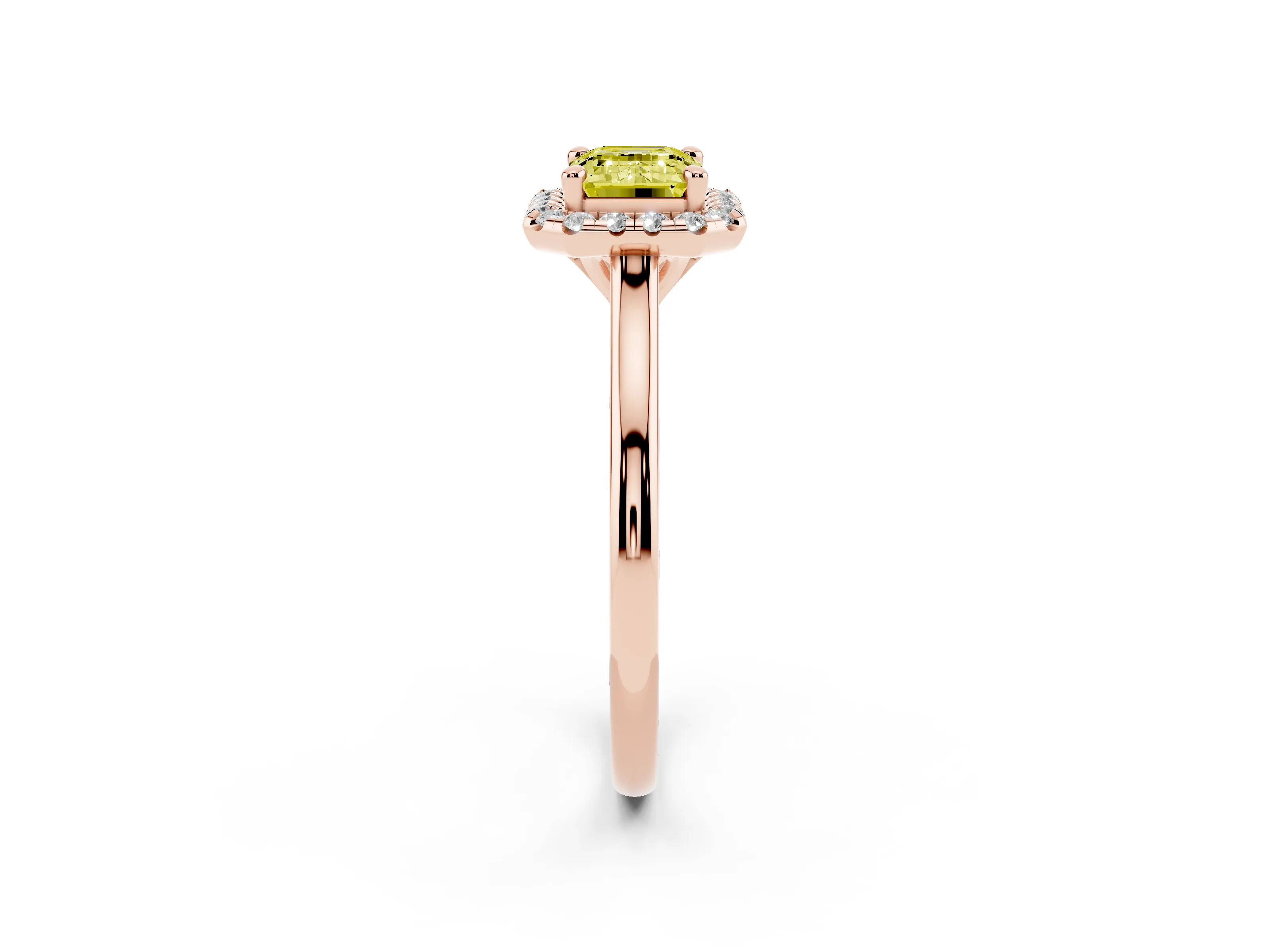 Fancy Yellow Emerald Cut Diamond Halo Engagement Ring Set in Rose gold with Pavé Band and Rising Shoulders