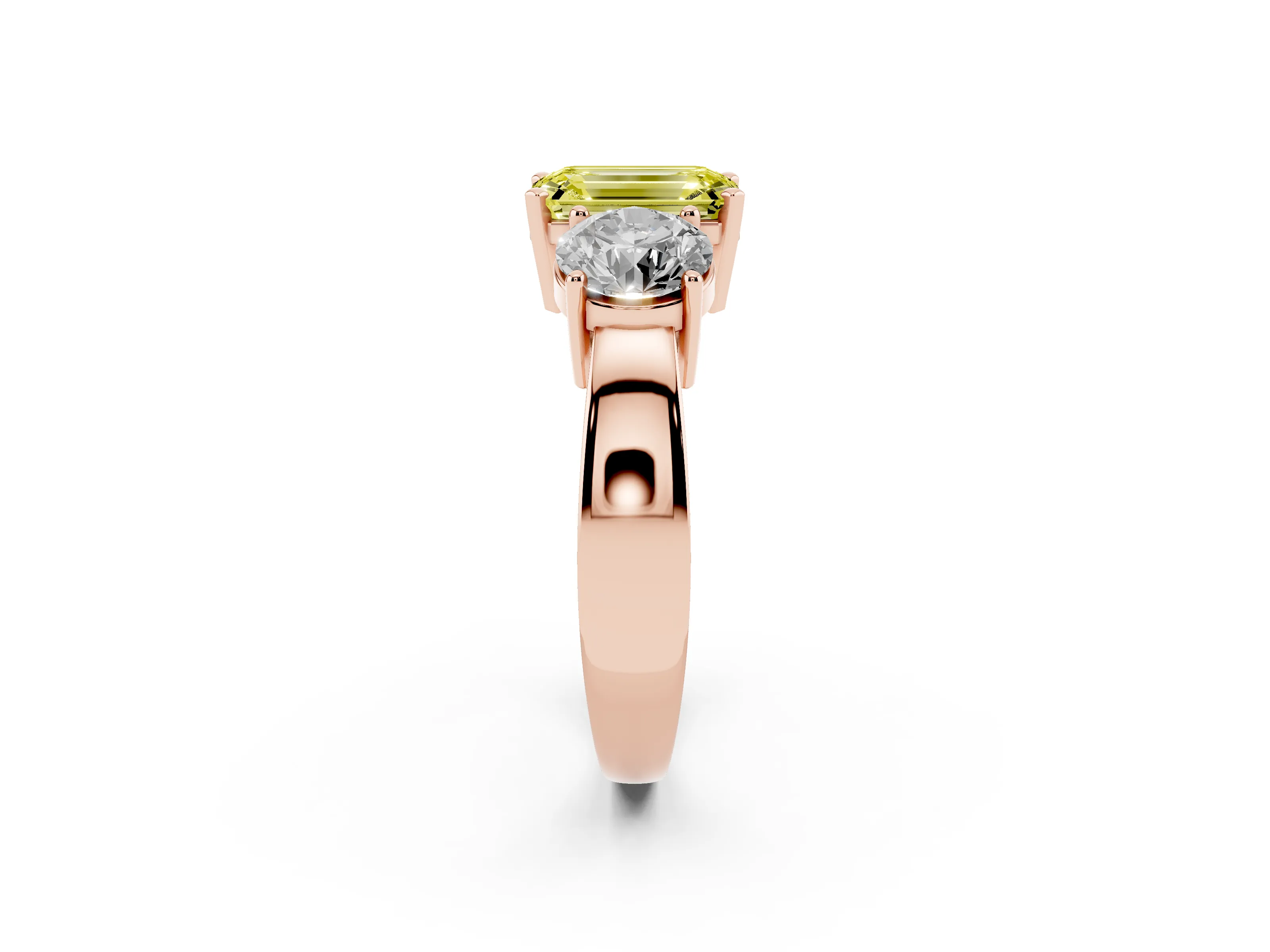 Fancy Yellow Emerald Cut Diamond Three-Stone Ring Set in Rose gold with Round Side Stones and Classic Band