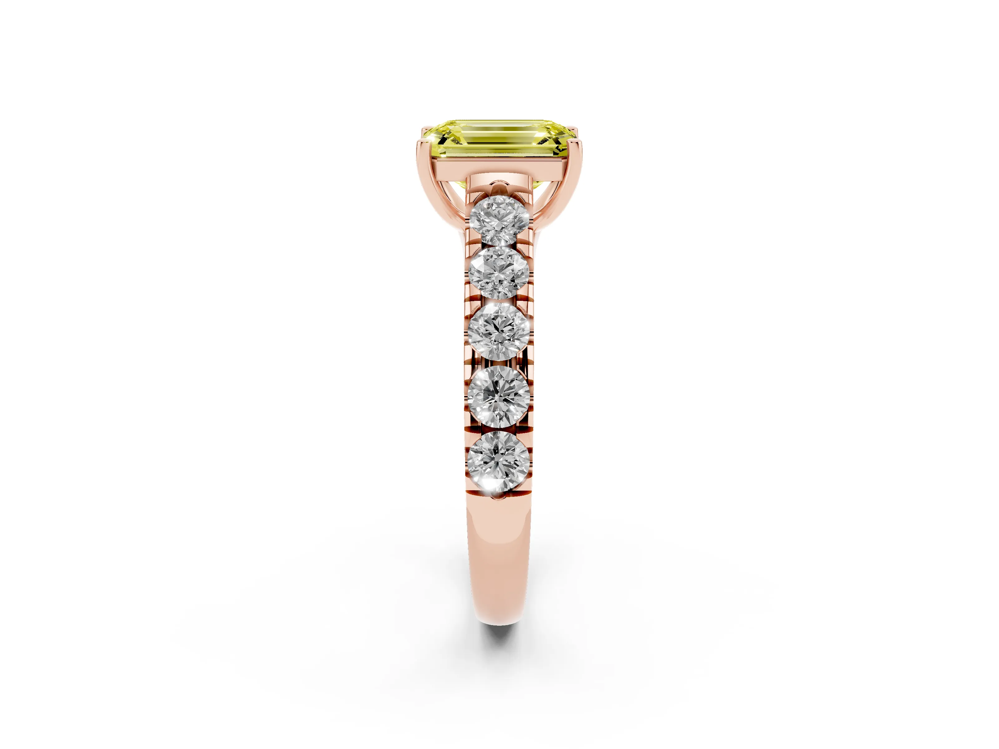Fancy Yellow Emerald Cut Diamond Solitaire Ring Set in Rose gold with Cut-Down Micro Pavé Band and Prong Setting