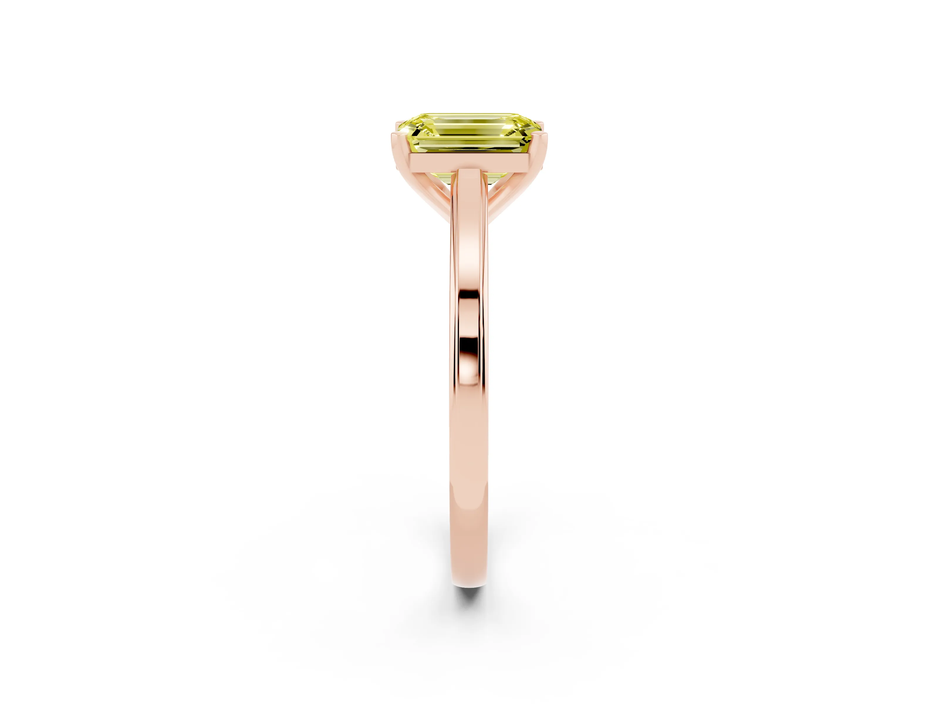 Fancy Yellow Emerald Cut Diamond Solitaire Ring Set in Rose gold with Prong Setting and Classic Band