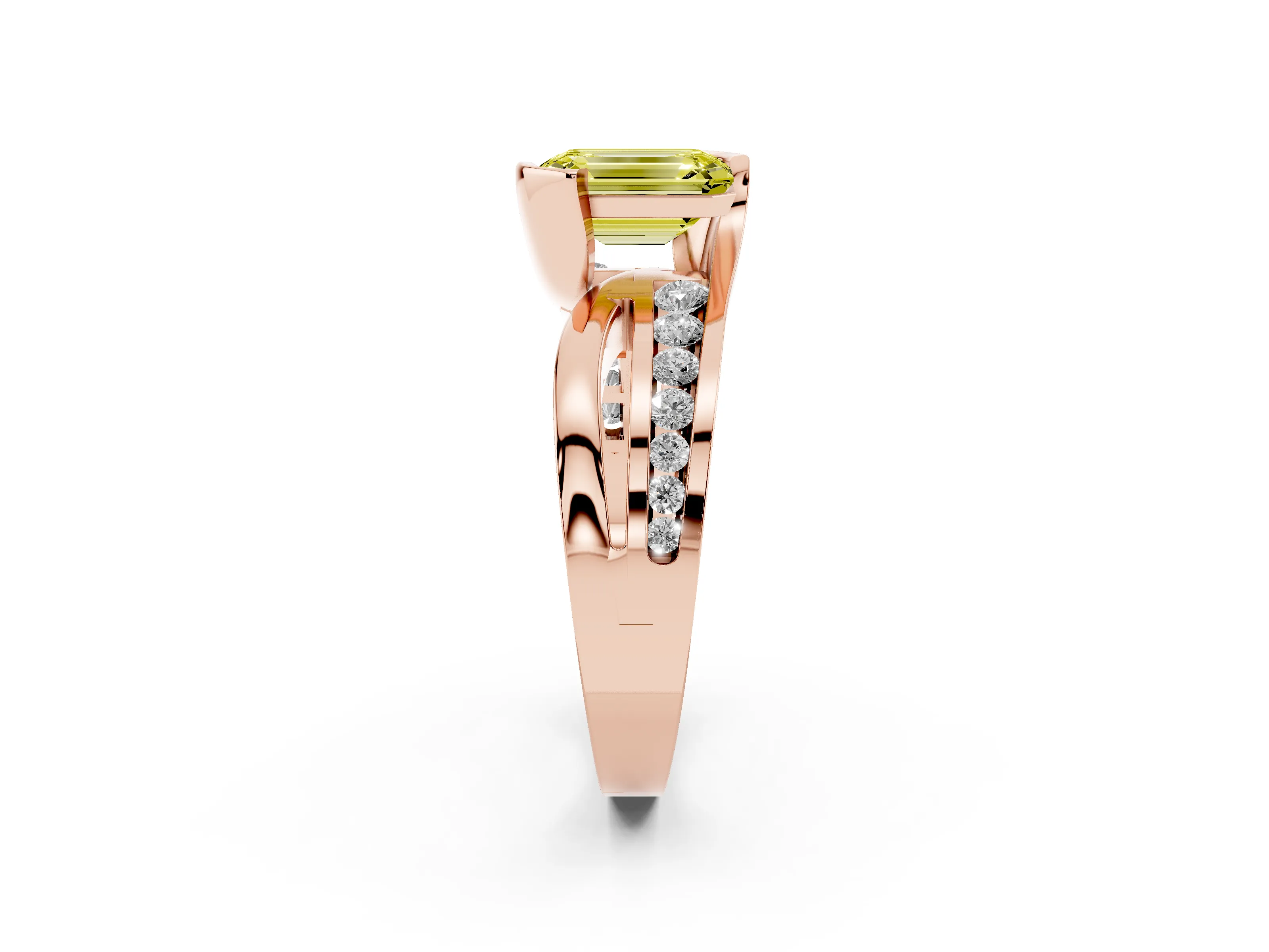 Fancy Yellow Emerald Cut Diamond Solitaire Ring Set in Rose gold with Channel Set Split Shank and Tension Prongs