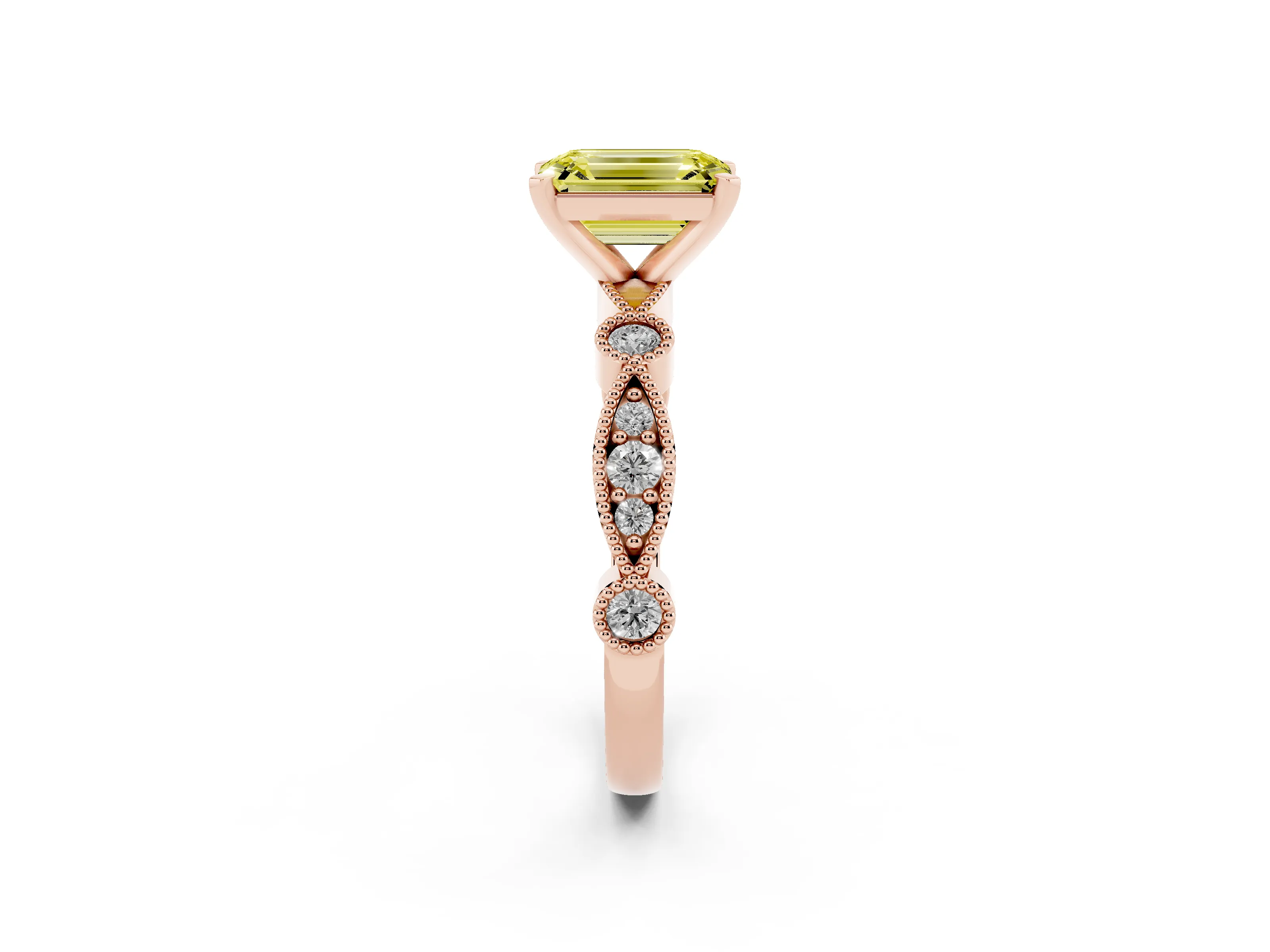 Fancy Yellow Emerald Cut Diamond Solitaire Engagement Ring Set in Rose gold with Milgrain Bezel Accent Band