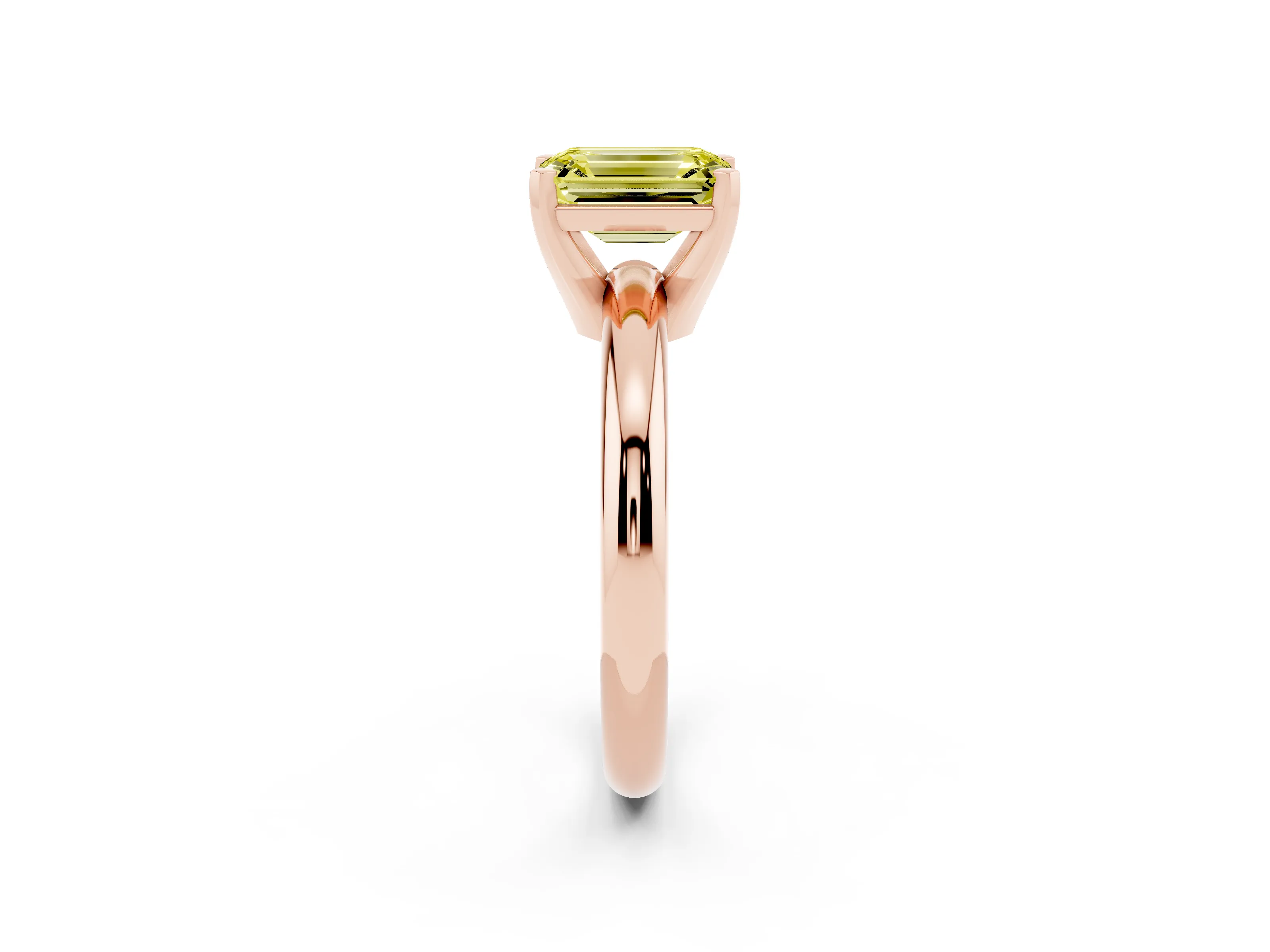 Fancy Yellow Emerald Cut Diamond Solitaire Engagement Ring Set in Rose gold with Round Band and Prong Setting