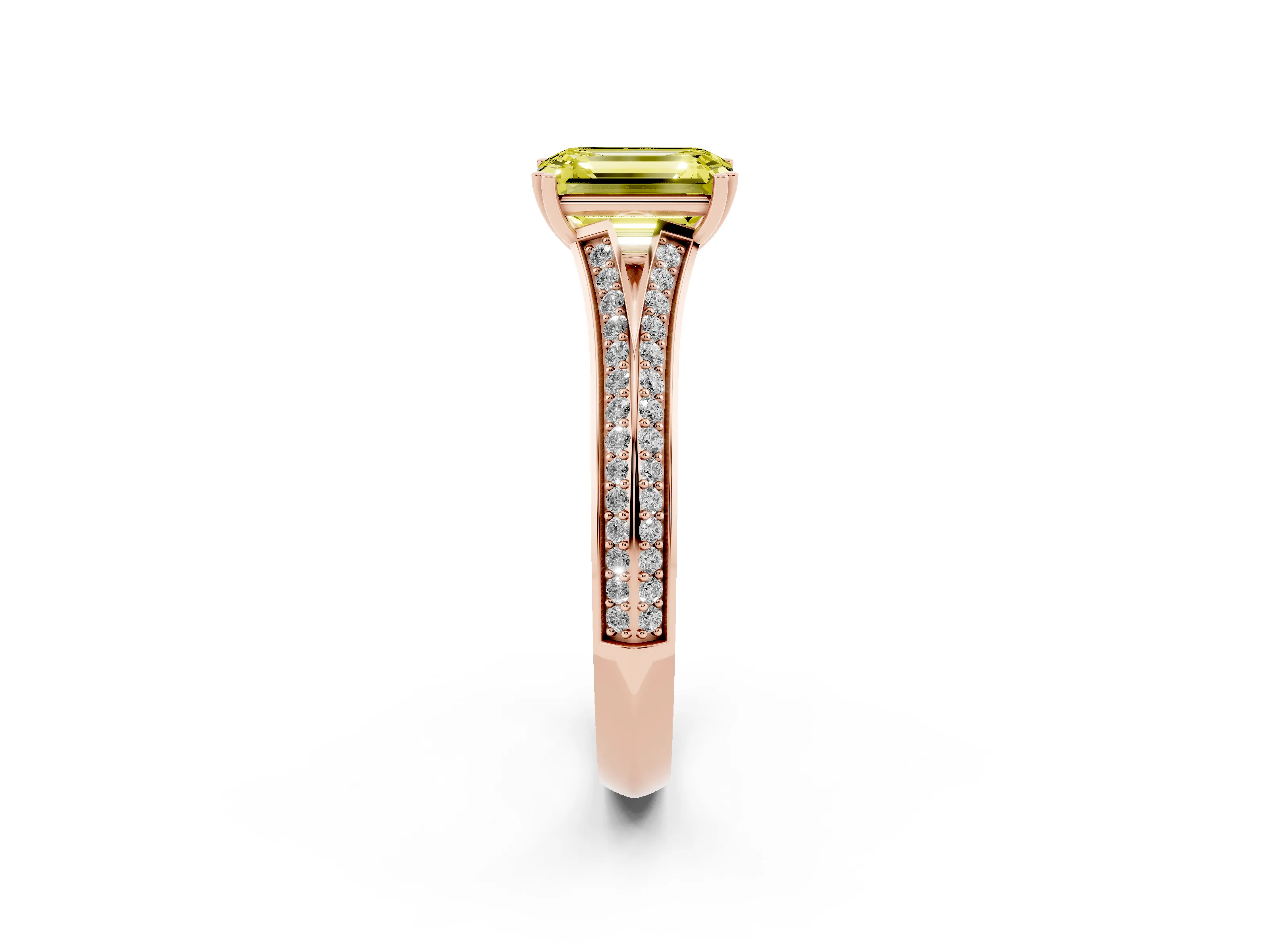 Fancy Yellow Emerald Cut Diamond Split Shank Pavé Engagement Ring Set in Rose gold with Prong-Set Center Stone
