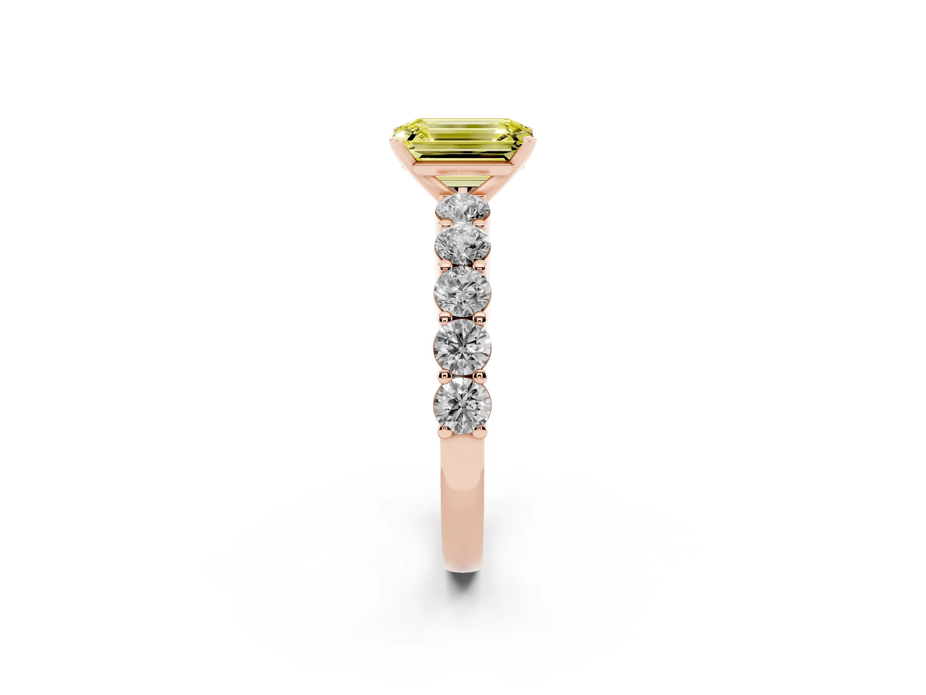 Fancy Yellow Emerald Cut Diamond Solitaire Ring Set in Rose gold with Shared Prong Round Side Stones