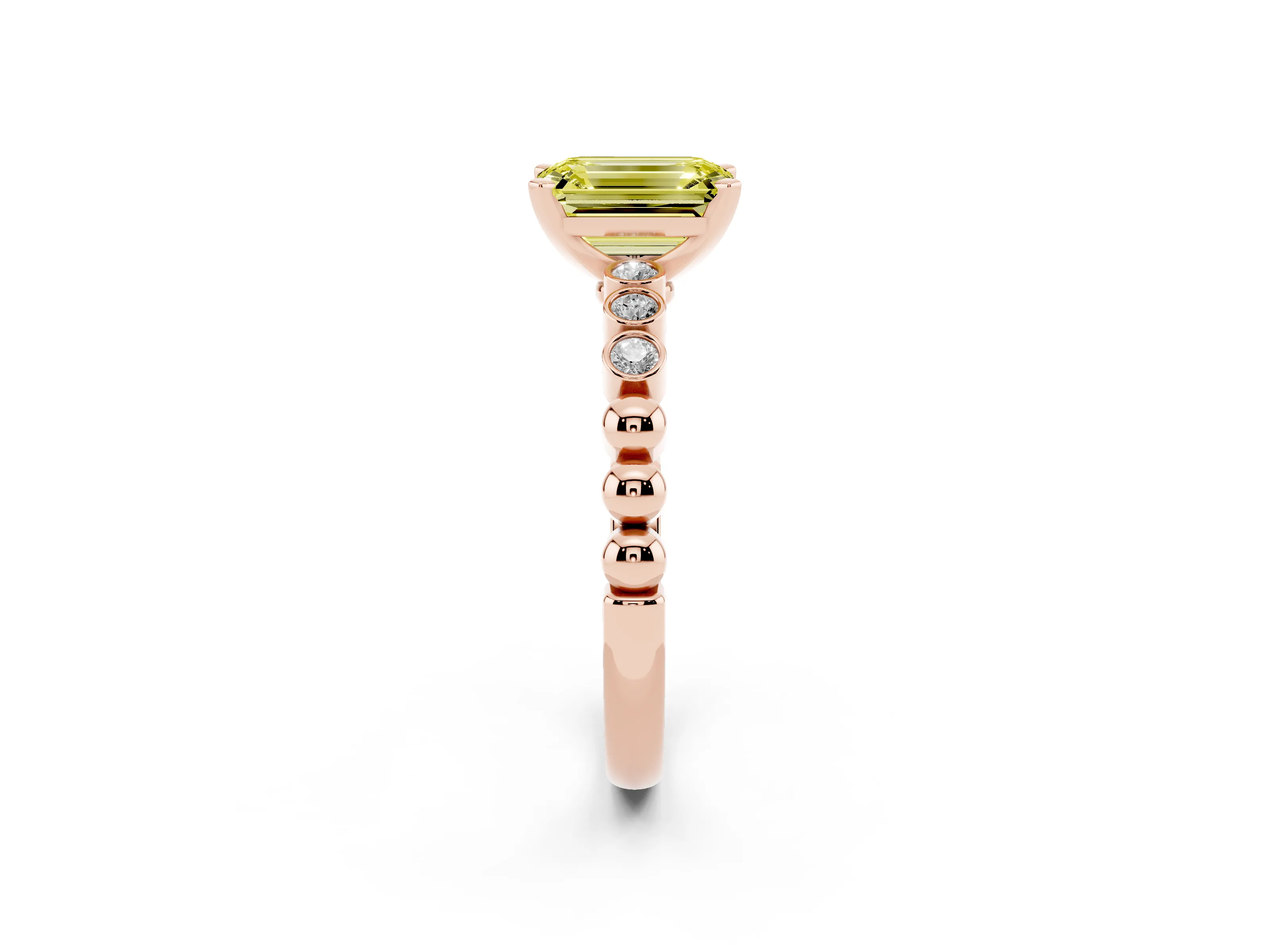 Fancy Yellow Emerald Cut Diamond Solitaire Engagement Ring Set in Rose gold with Bezel Accents on Beaded Band